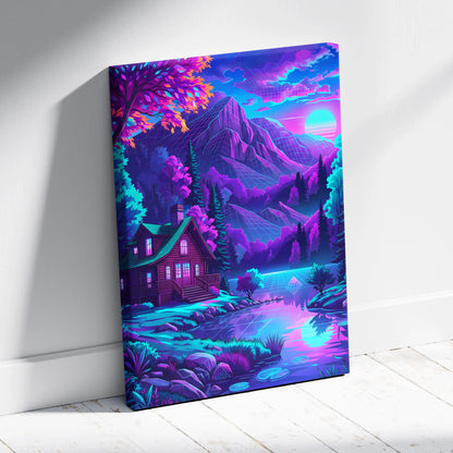 Vaporwave Neon Mountain Vista - Landscape Neon Pink Purple Living Room Vaporwave - Dreamy Neon Mood Canvas