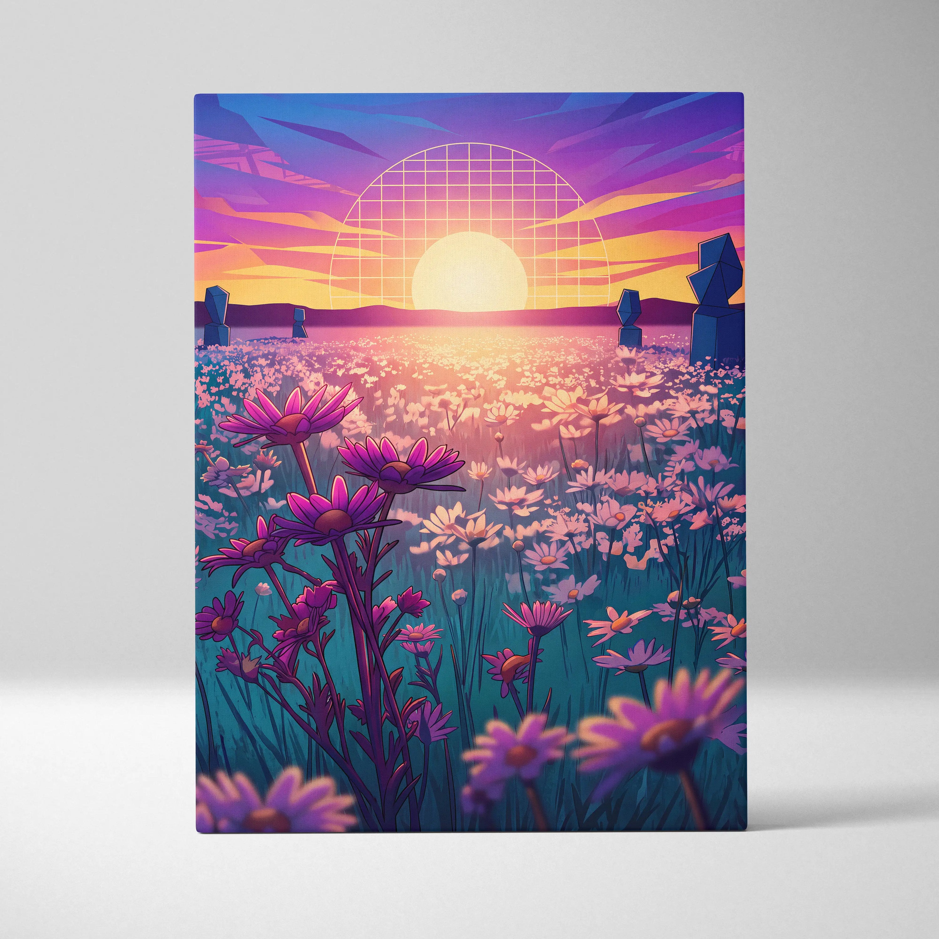 Neon Sunset Vaporwave Canvas - Vaporwave Landscape Neon Pink Purple Living Room Art Dreamy Mood Retro Aesthetic Canvas