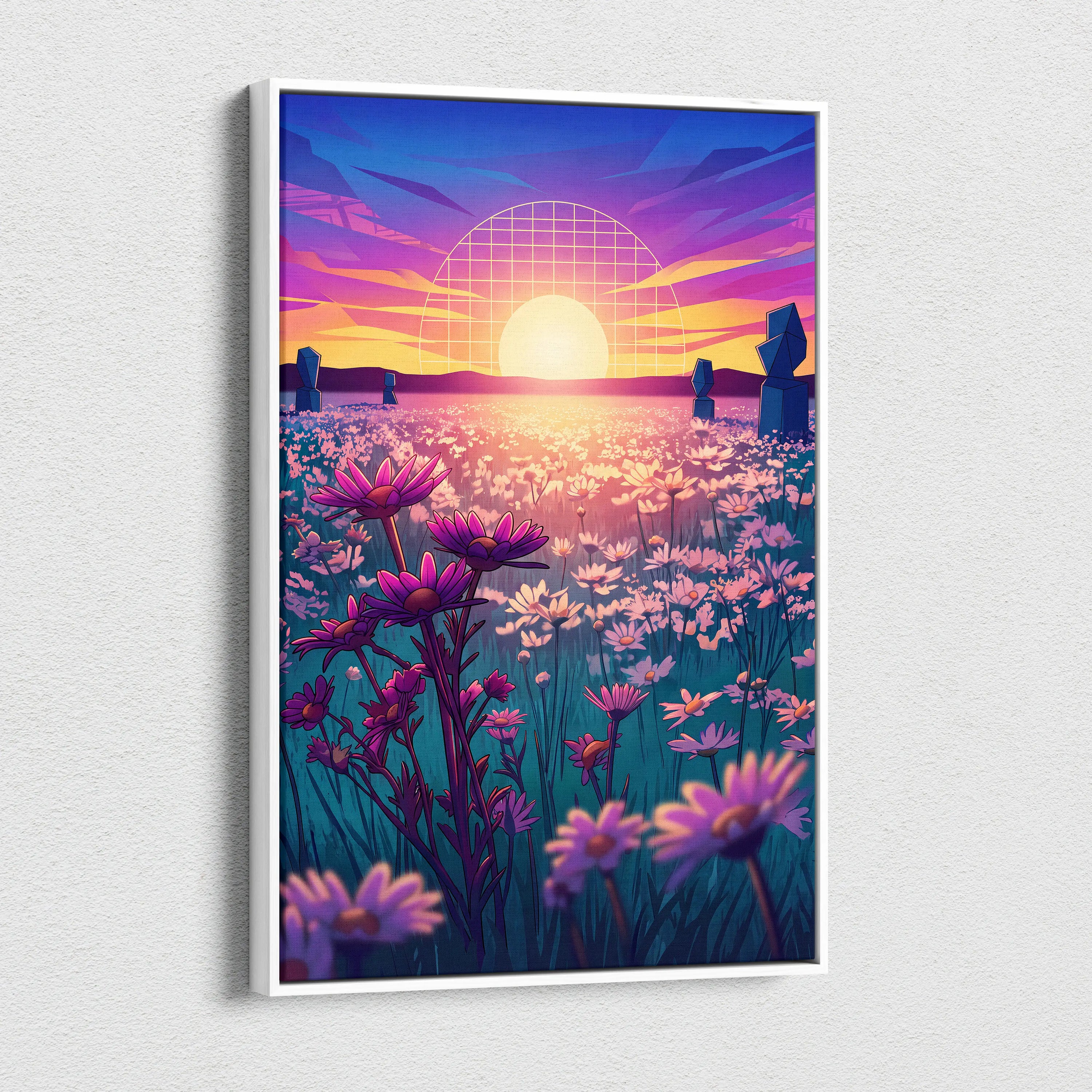 Neon Sunset Vaporwave Canvas - Vaporwave Landscape Neon Pink Purple Living Room Art Dreamy Mood Retro Aesthetic Canvas
