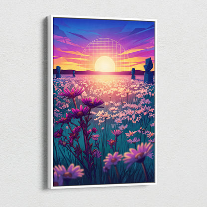 Neon Sunset Vaporwave Canvas - Vaporwave Landscape Neon Pink Purple Living Room Art Dreamy Mood Retro Aesthetic Canvas