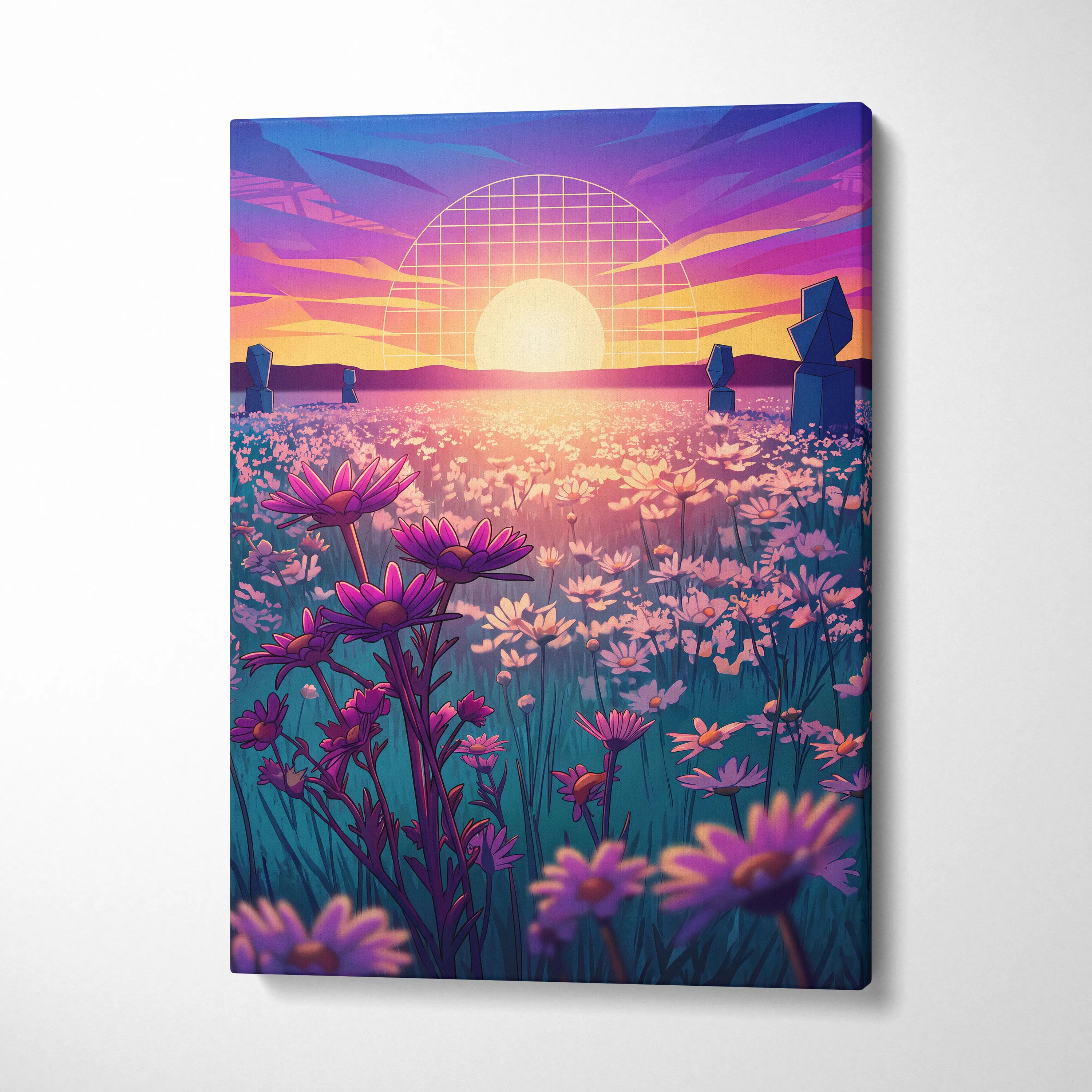 Neon Sunset Vaporwave Canvas - Vaporwave Landscape Neon Pink Purple Living Room Art Dreamy Mood Retro Aesthetic Canvas