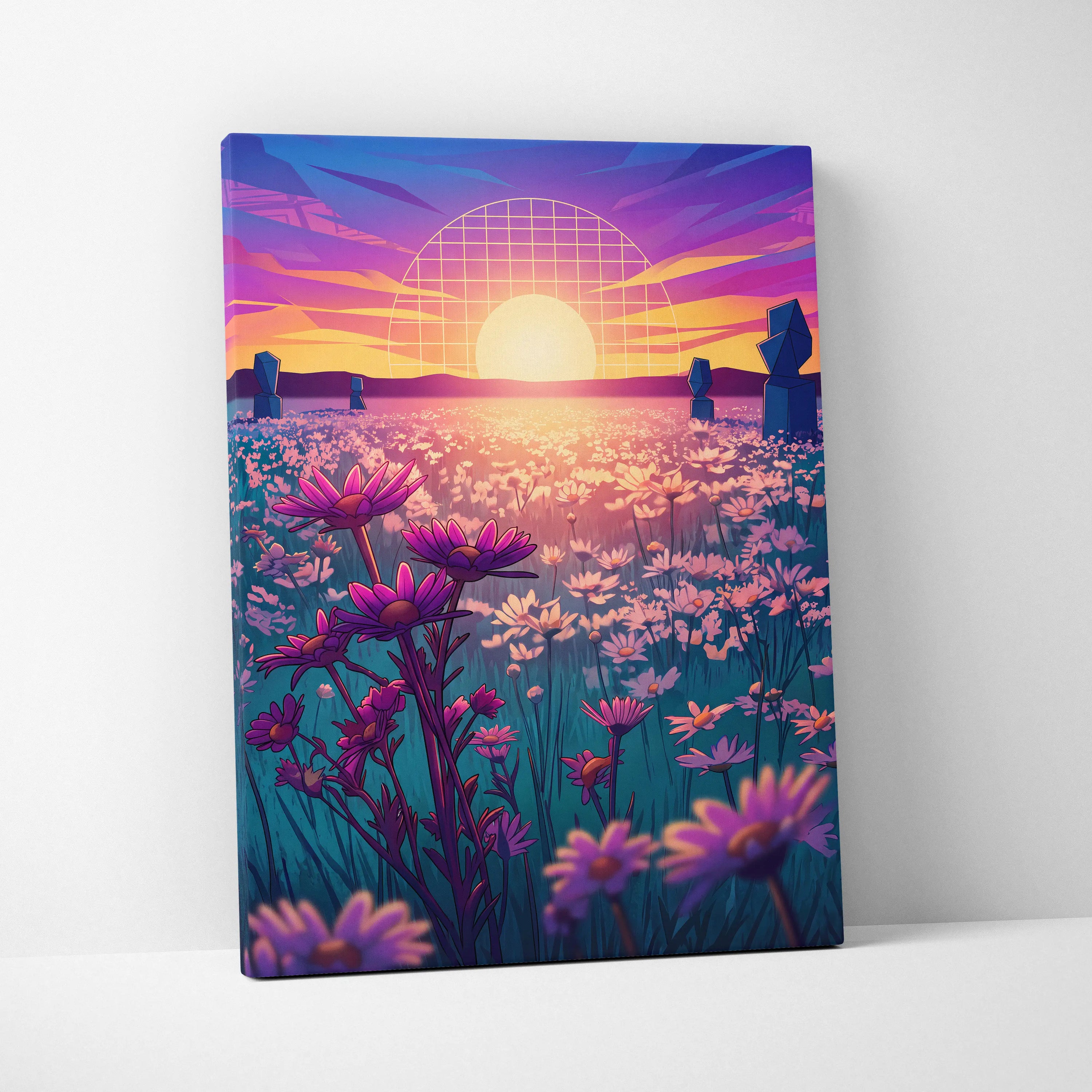 Neon Sunset Vaporwave Canvas - Vaporwave Landscape Neon Pink Purple Living Room Art Dreamy Mood Retro Aesthetic Canvas