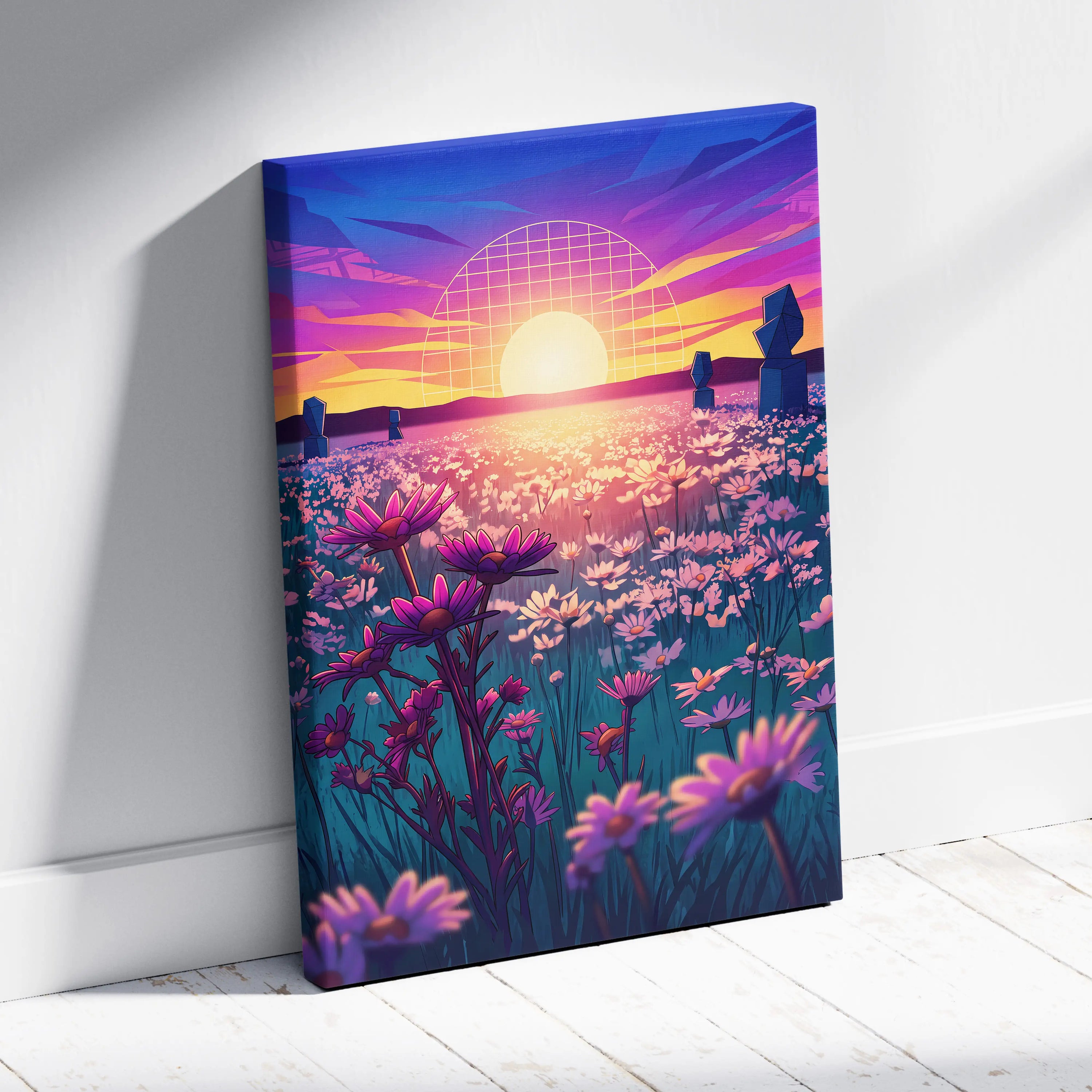 Neon Sunset Vaporwave Canvas - Vaporwave Landscape Neon Pink Purple Living Room Art Dreamy Mood Retro Aesthetic Canvas
