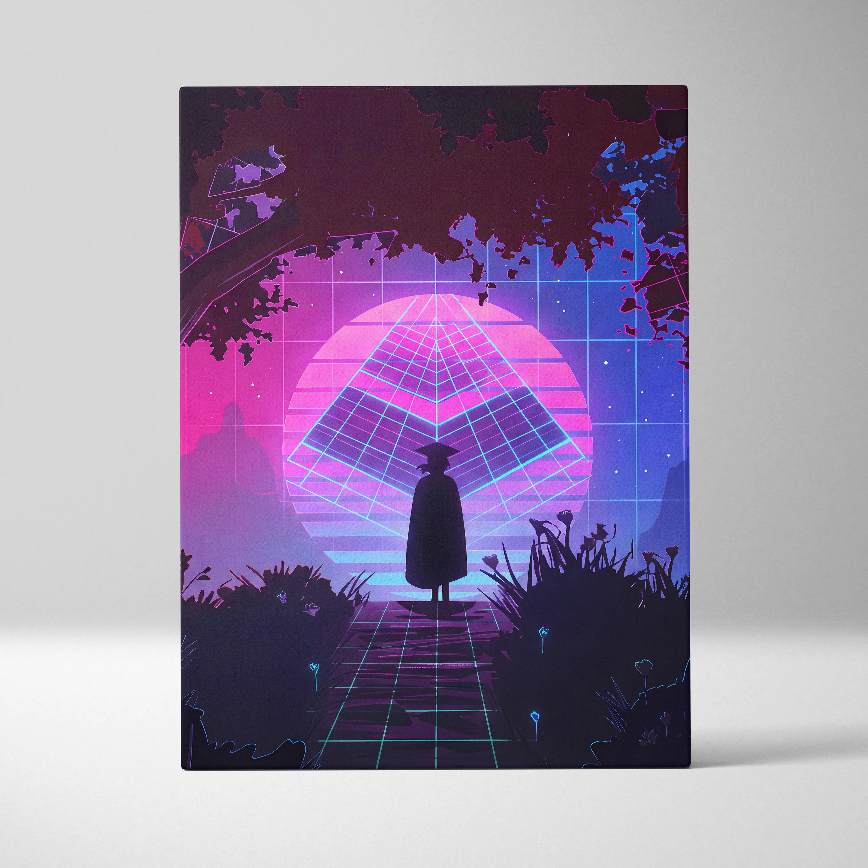 Vaporwave Neon Horizon Art - Sunset City Neon Purple Pink Blue Living Room Wall Art Dreamy Vaporwave Decor Canvas