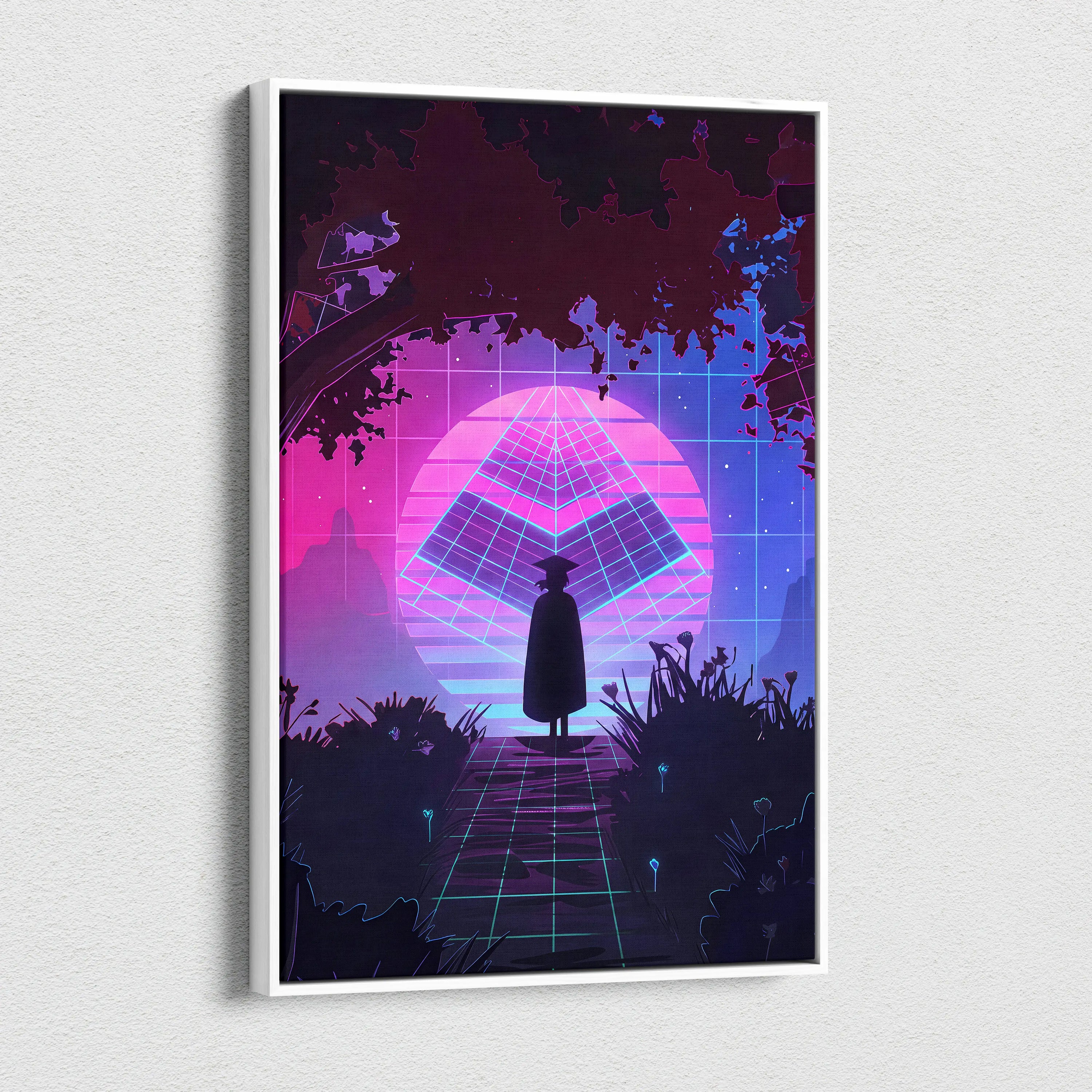 Vaporwave Neon Horizon Art - Sunset City Neon Purple Pink Blue Living Room Wall Art Dreamy Vaporwave Decor Canvas
