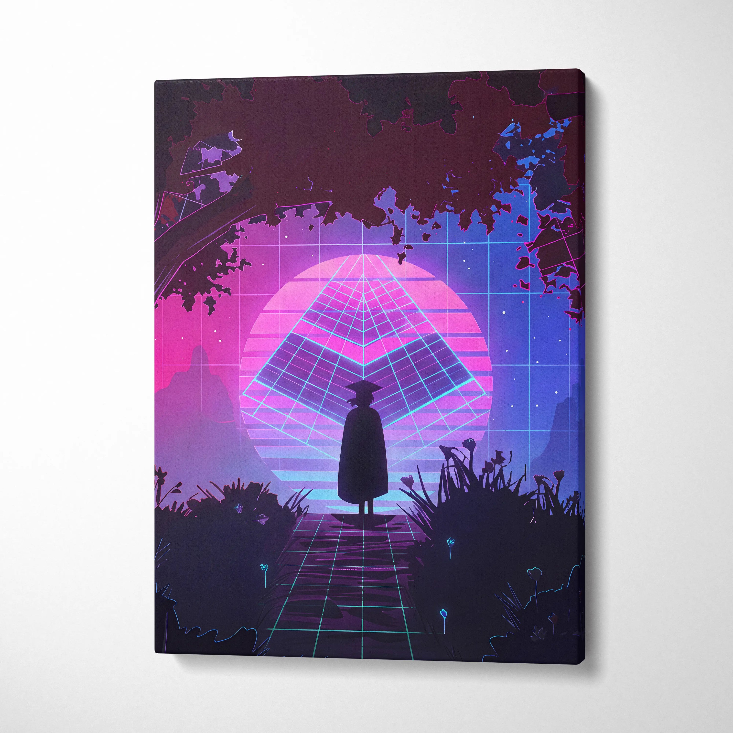 Vaporwave Neon Horizon Art - Sunset City Neon Purple Pink Blue Living Room Wall Art Dreamy Vaporwave Decor Canvas