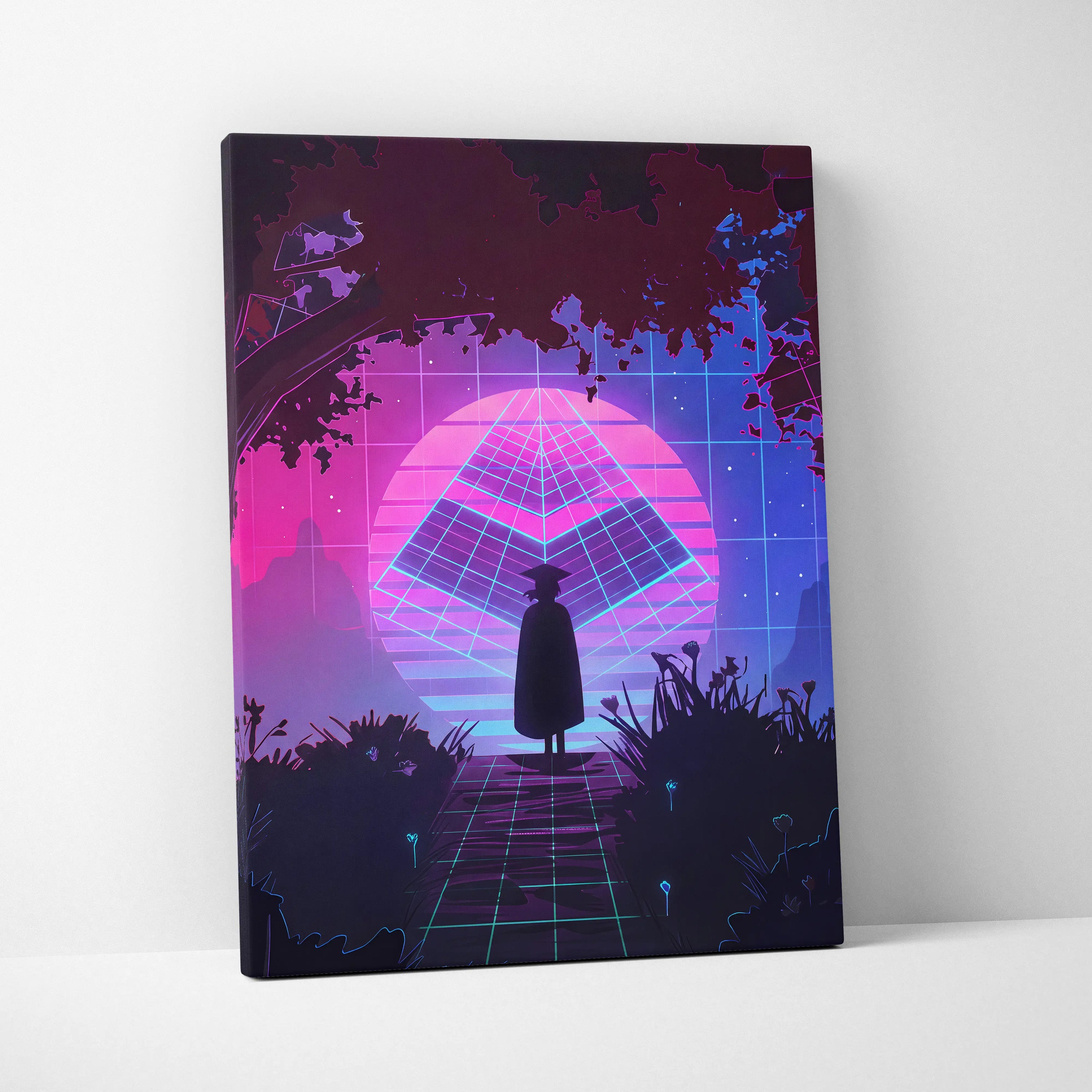 Vaporwave Neon Horizon Art - Sunset City Neon Purple Pink Blue Living Room Wall Art Dreamy Vaporwave Decor Canvas