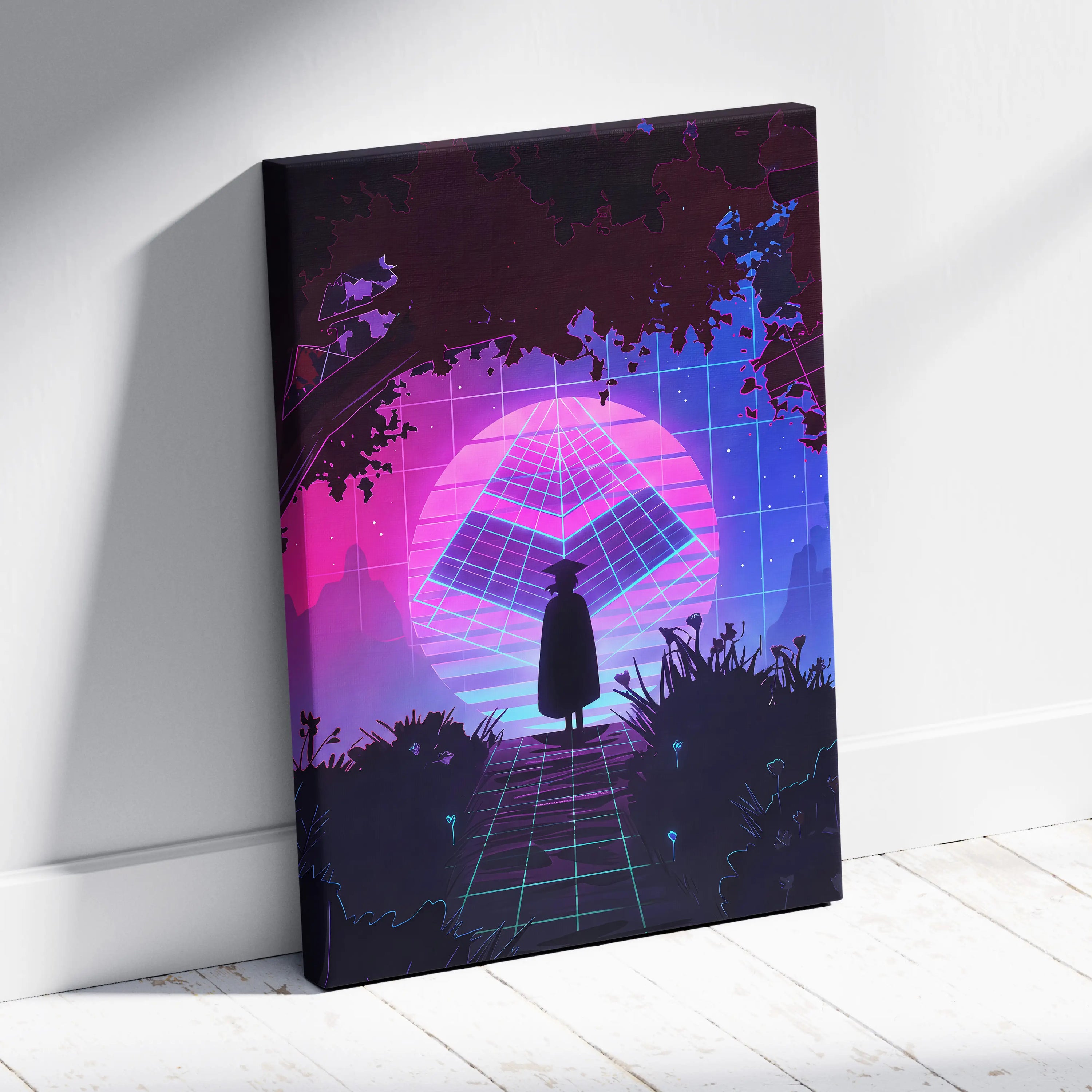 Vaporwave Neon Horizon Art - Sunset City Neon Purple Pink Blue Living Room Wall Art Dreamy Vaporwave Decor Canvas