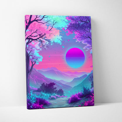 Neon Vapor Dreamscape Canvas - Surreal Neon Landscape Living Room Vaporwave Dreamy Mood Retro Decor Wall Art Canvas