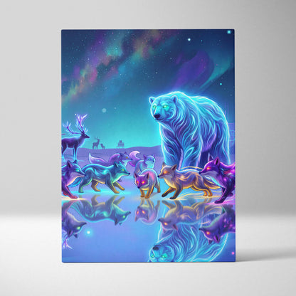 Neon Wolf Nebula Canvas - Wolf Neon Blue Purple Sunset Living Room Vaporwave Dreamy Mood Retro Futurism Wall Art Canvas