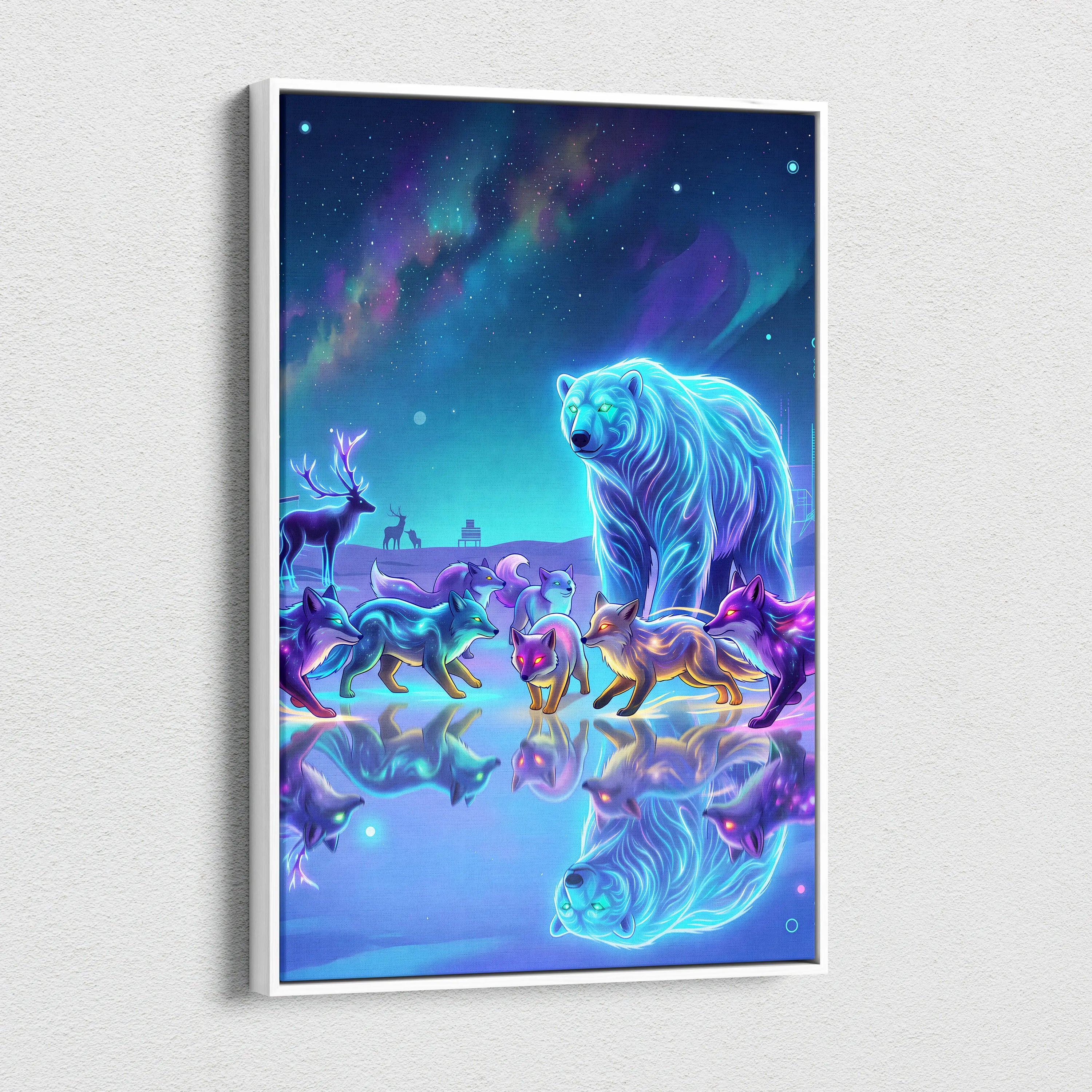 Neon Wolf Nebula Canvas - Wolf Neon Blue Purple Sunset Living Room Vaporwave Dreamy Mood Retro Futurism Wall Art Canvas