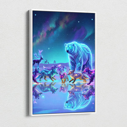 Neon Wolf Nebula Canvas - Wolf Neon Blue Purple Sunset Living Room Vaporwave Dreamy Mood Retro Futurism Wall Art Canvas