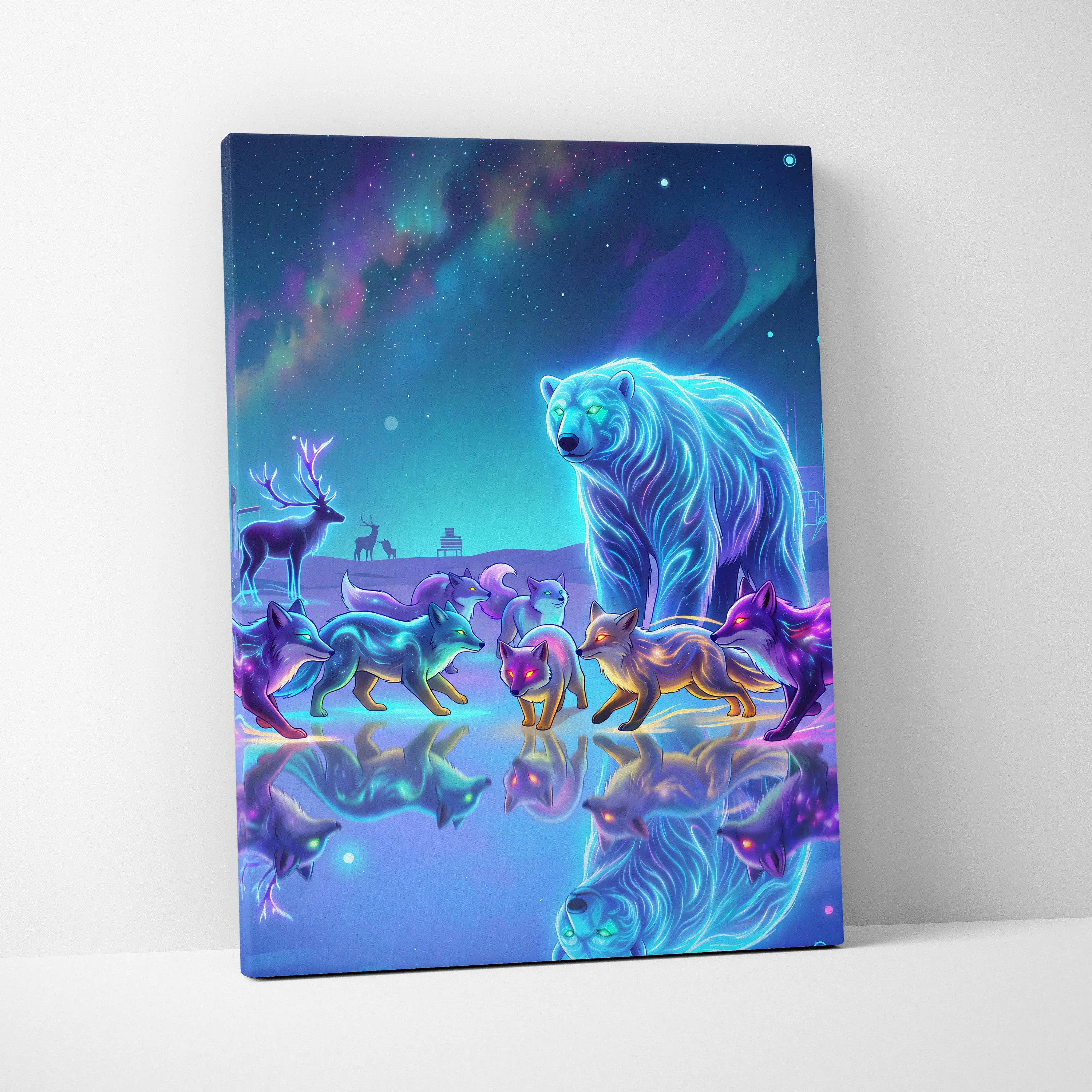 Neon Wolf Nebula Canvas - Wolf Neon Blue Purple Sunset Living Room Vaporwave Dreamy Mood Retro Futurism Wall Art Canvas