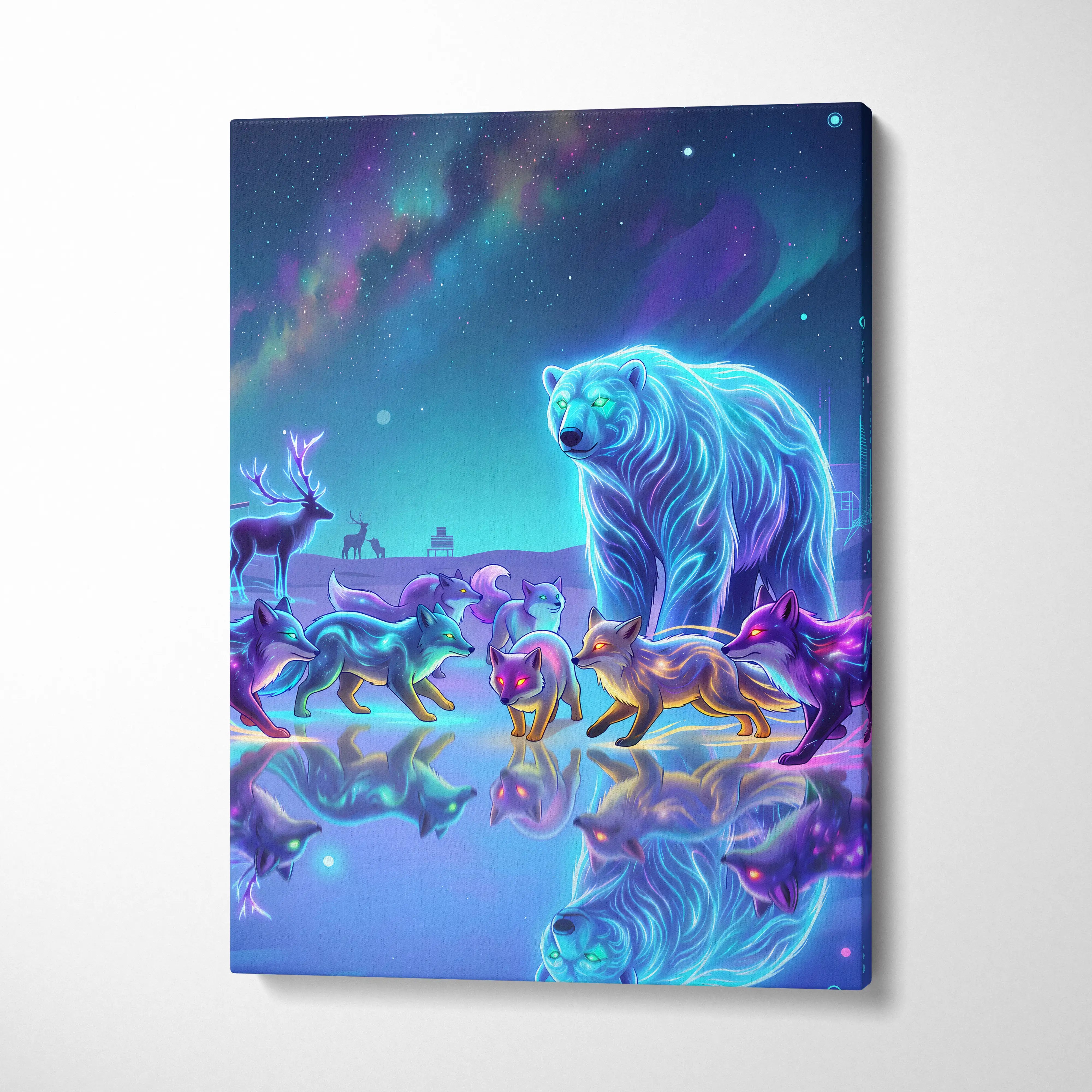 Neon Wolf Nebula Canvas - Wolf Neon Blue Purple Sunset Living Room Vaporwave Dreamy Mood Retro Futurism Wall Art Canvas