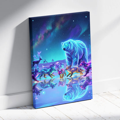 Neon Wolf Nebula Canvas - Wolf Neon Blue Purple Sunset Living Room Vaporwave Dreamy Mood Retro Futurism Wall Art Canvas