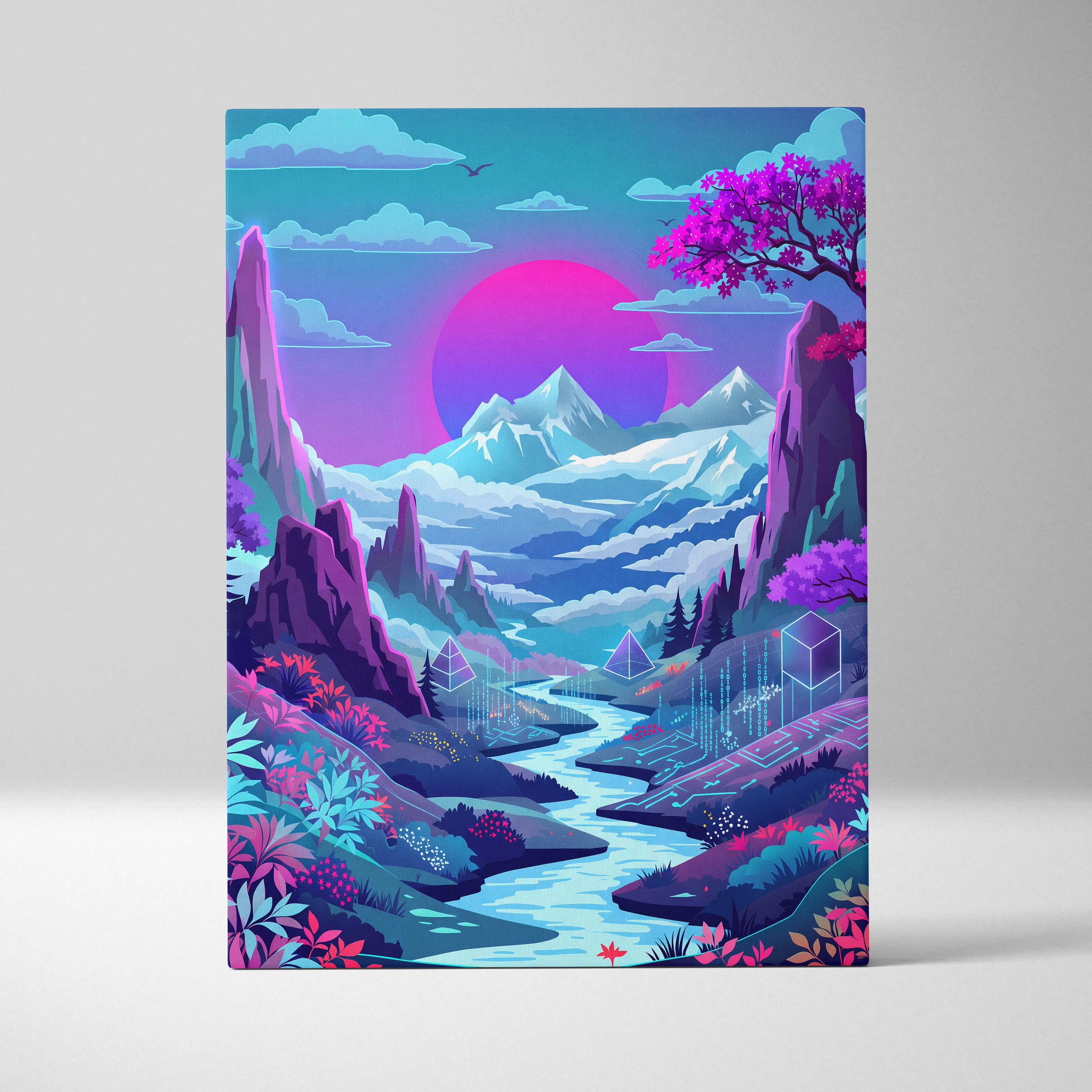 Vaporwave Neon Sunset Canvas - Neon Sunset Landscape Pink Purple Blue Living Room Vaporwave Dreamy Mood RetroDecor Canvas