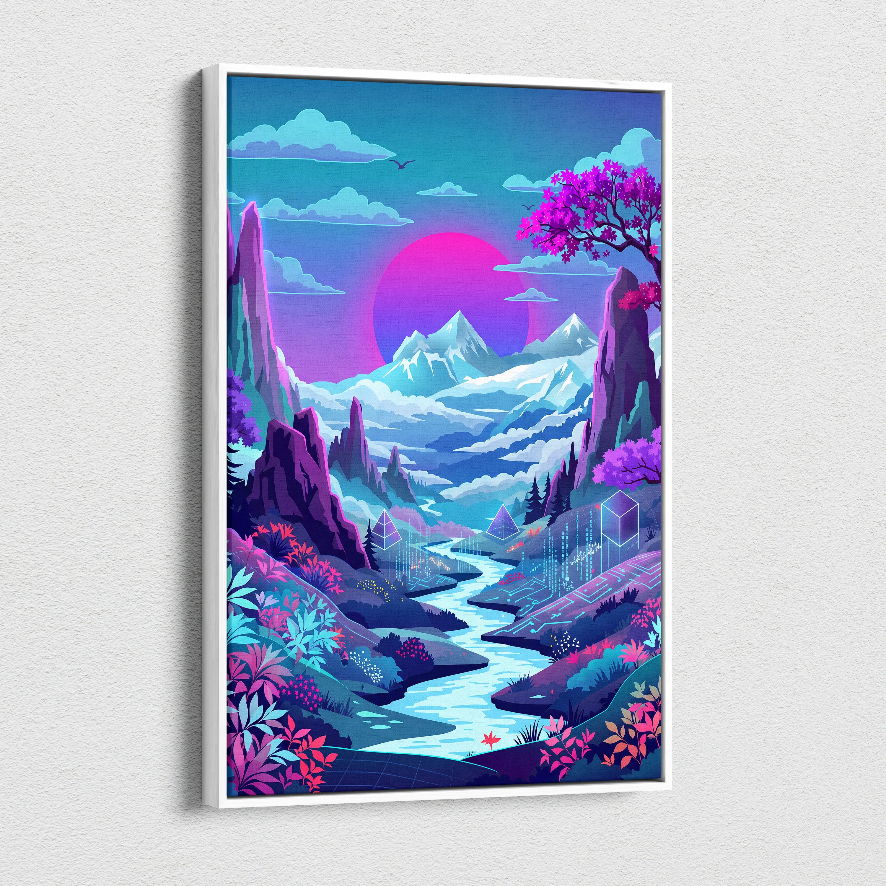 Vaporwave Neon Sunset Canvas - Neon Sunset Landscape Pink Purple Blue Living Room Vaporwave Dreamy Mood RetroDecor Canvas