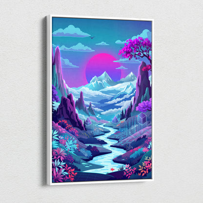 Vaporwave Neon Sunset Canvas - Neon Sunset Landscape Pink Purple Blue Living Room Vaporwave Dreamy Mood RetroDecor Canvas