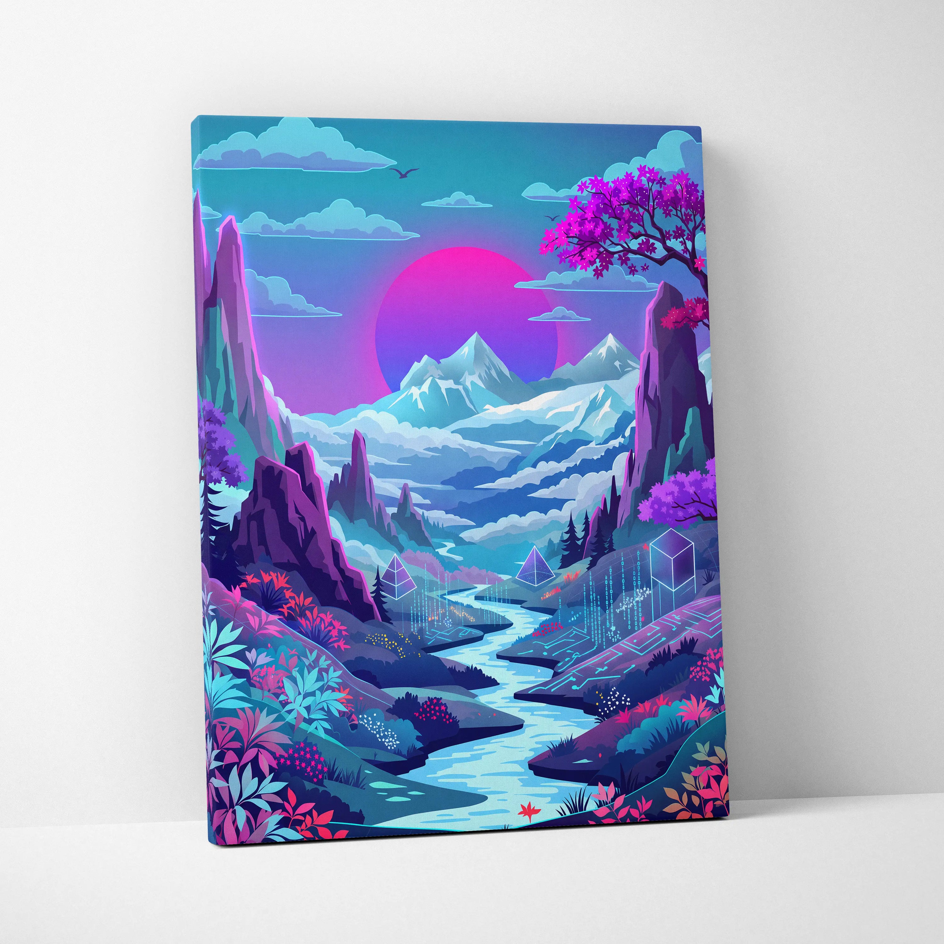 Vaporwave Neon Sunset Canvas - Neon Sunset Landscape Pink Purple Blue Living Room Vaporwave Dreamy Mood RetroDecor Canvas