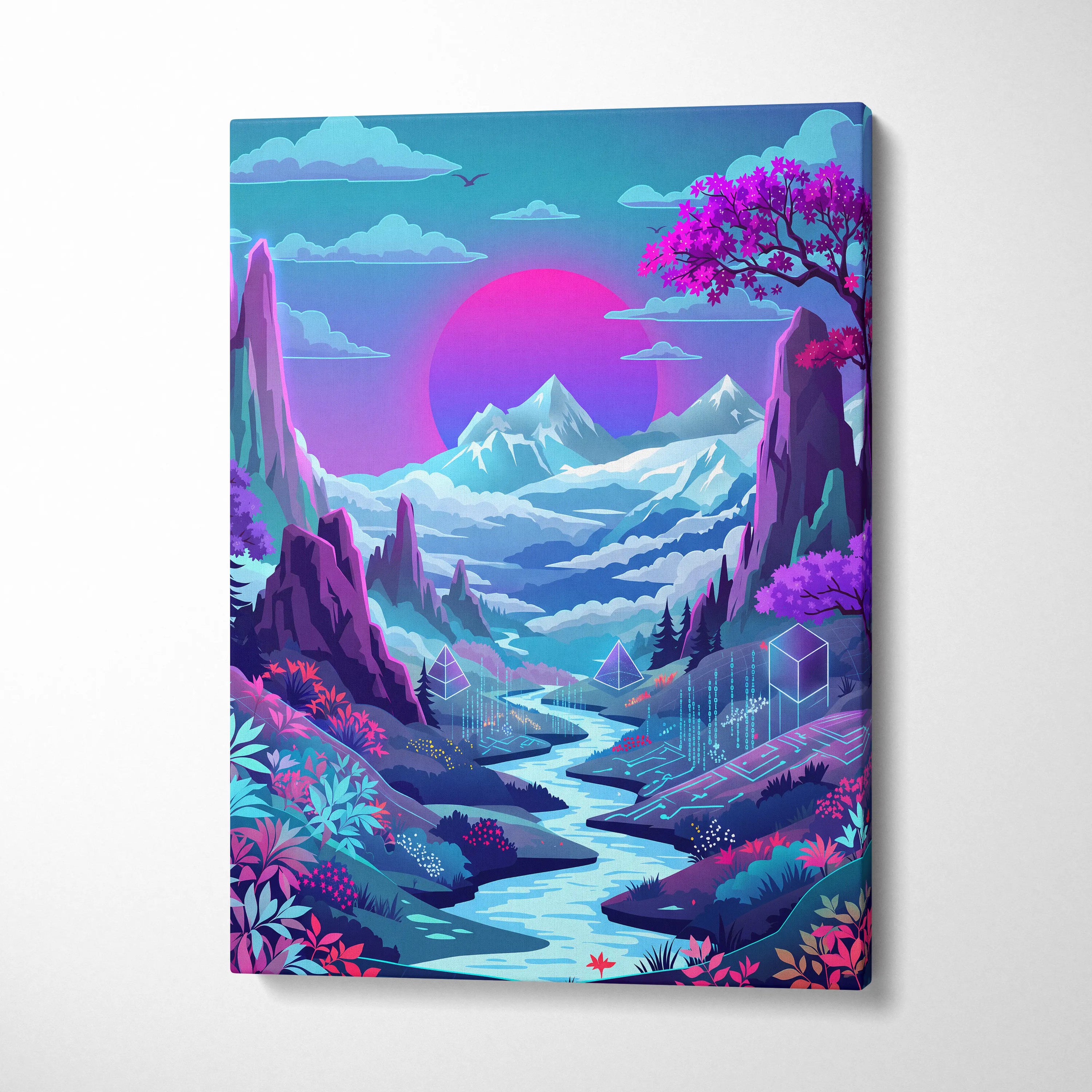 Vaporwave Neon Sunset Canvas - Neon Sunset Landscape Pink Purple Blue Living Room Vaporwave Dreamy Mood RetroDecor Canvas