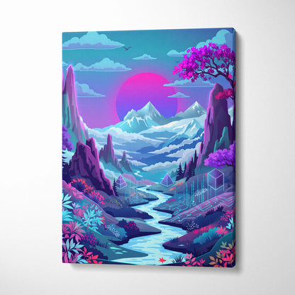 Vaporwave Neon Sunset Canvas - Neon Sunset Landscape Pink Purple Blue Living Room Vaporwave Dreamy Mood RetroDecor Canvas