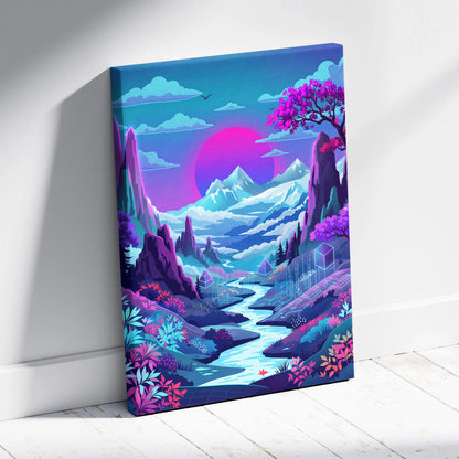 Vaporwave Neon Sunset Canvas - Neon Sunset Landscape Pink Purple Blue Living Room Vaporwave Dreamy Mood RetroDecor Canvas