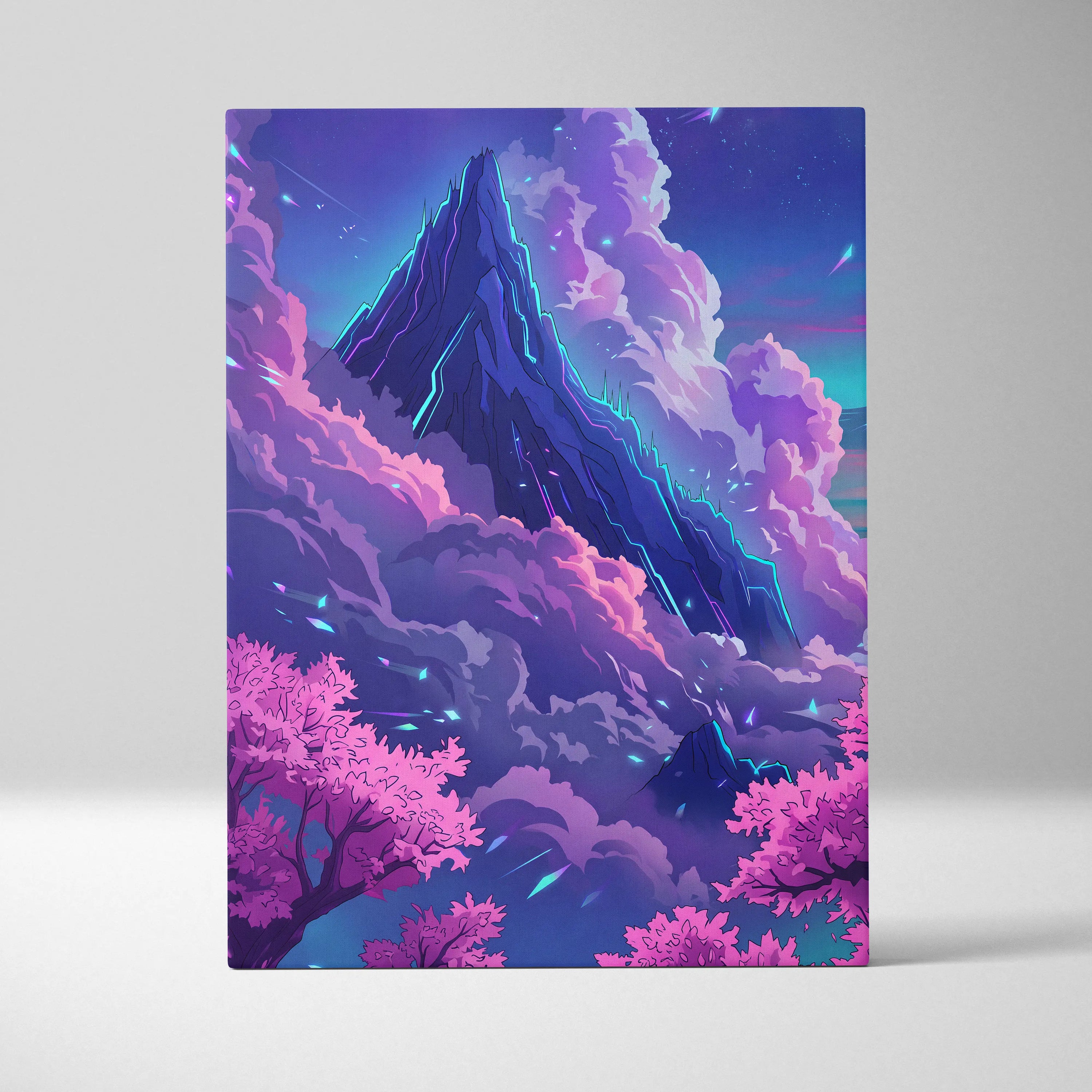 Neon Summit Vaporwave Canvas - Mountain Neon Purple Blue Living Room Vaporwave Mood Retro Futurism Wall Art Canvas