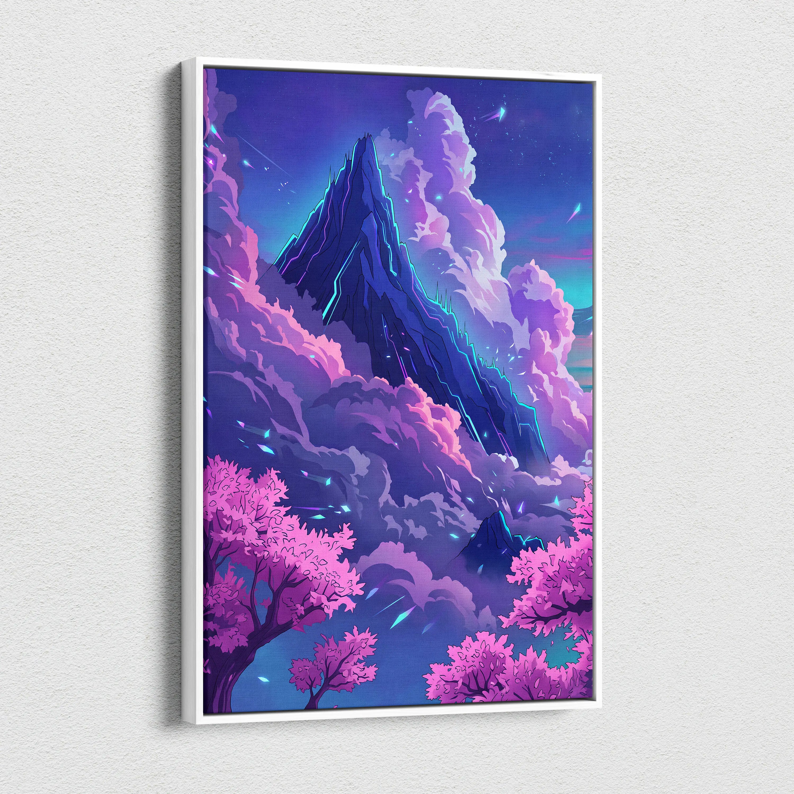 Neon Summit Vaporwave Canvas - Mountain Neon Purple Blue Living Room Vaporwave Mood Retro Futurism Wall Art Canvas