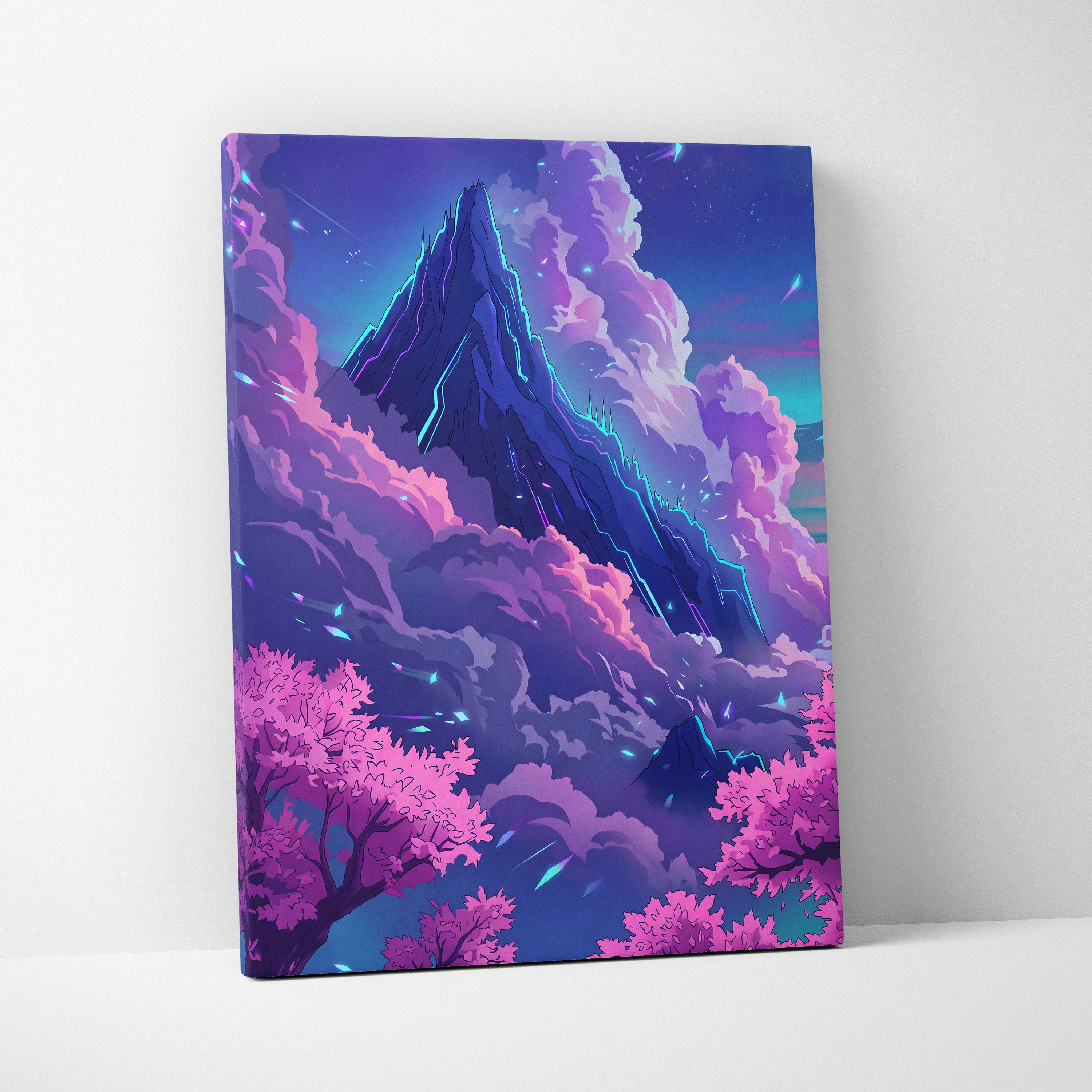 Neon Summit Vaporwave Canvas - Mountain Neon Purple Blue Living Room Vaporwave Mood Retro Futurism Wall Art Canvas