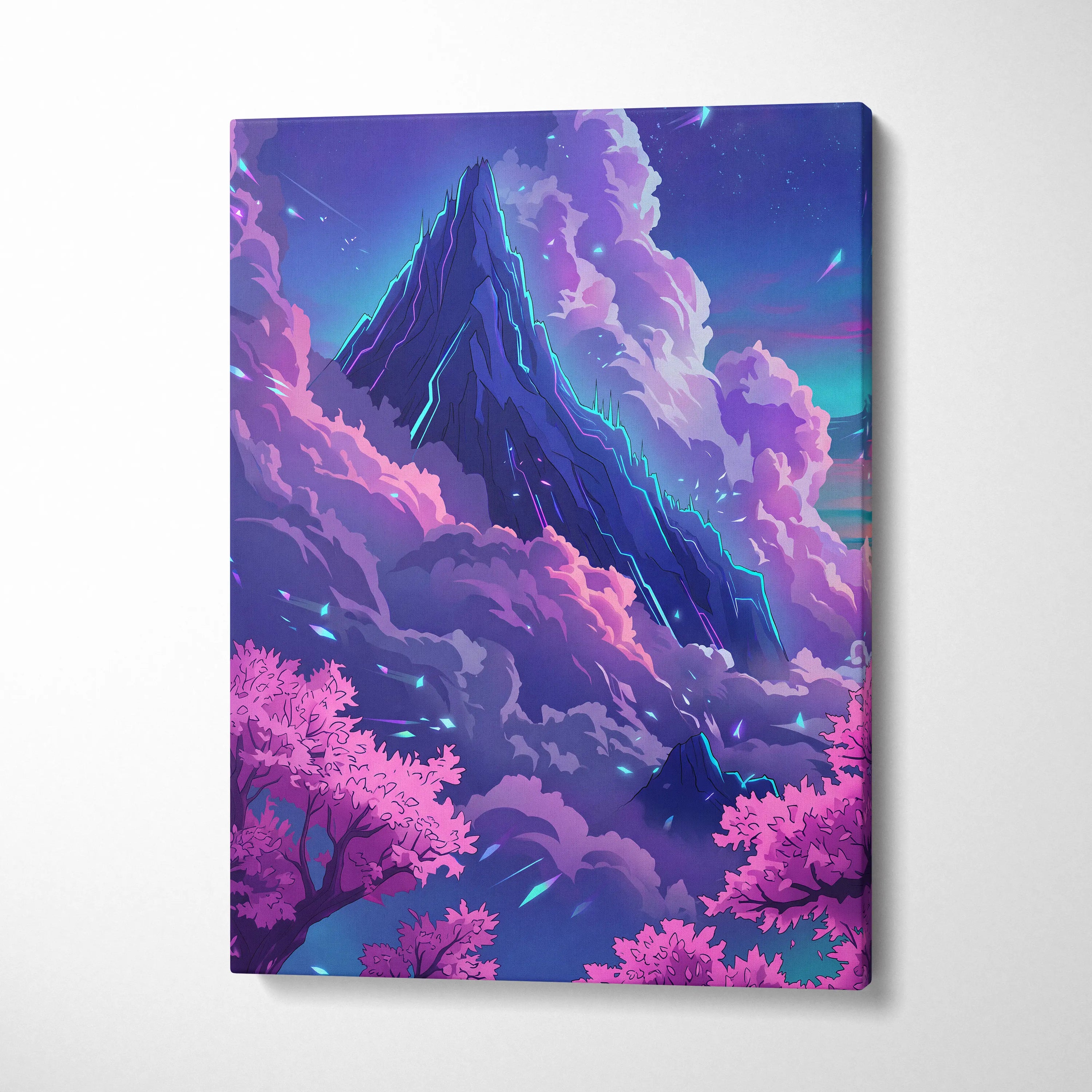 Neon Summit Vaporwave Canvas - Mountain Neon Purple Blue Living Room Vaporwave Mood Retro Futurism Wall Art Canvas