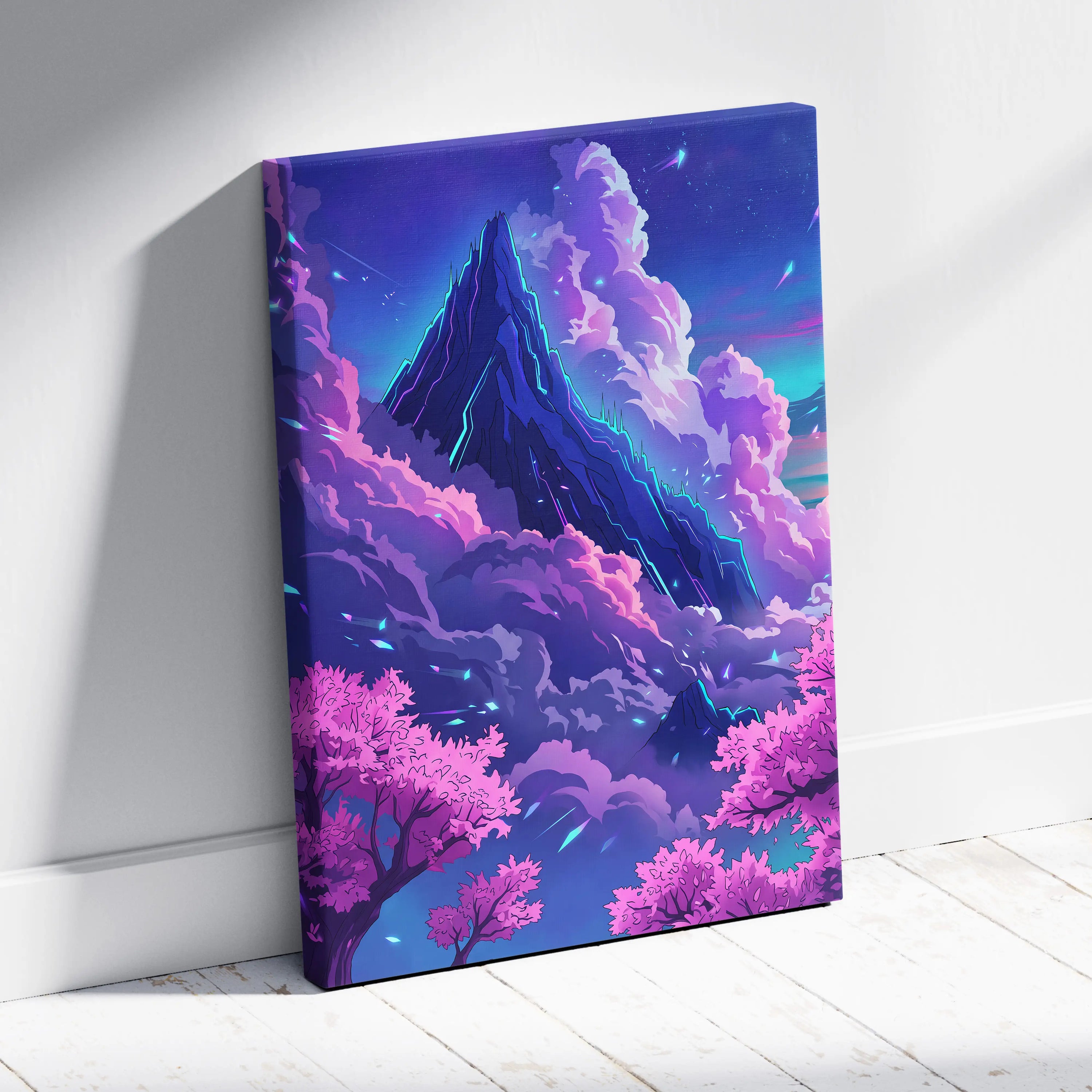 Neon Summit Vaporwave Canvas - Mountain Neon Purple Blue Living Room Vaporwave Mood Retro Futurism Wall Art Canvas