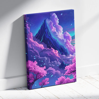 Neon Summit Vaporwave Canvas - Mountain Neon Purple Blue Living Room Vaporwave Mood Retro Futurism Wall Art Canvas