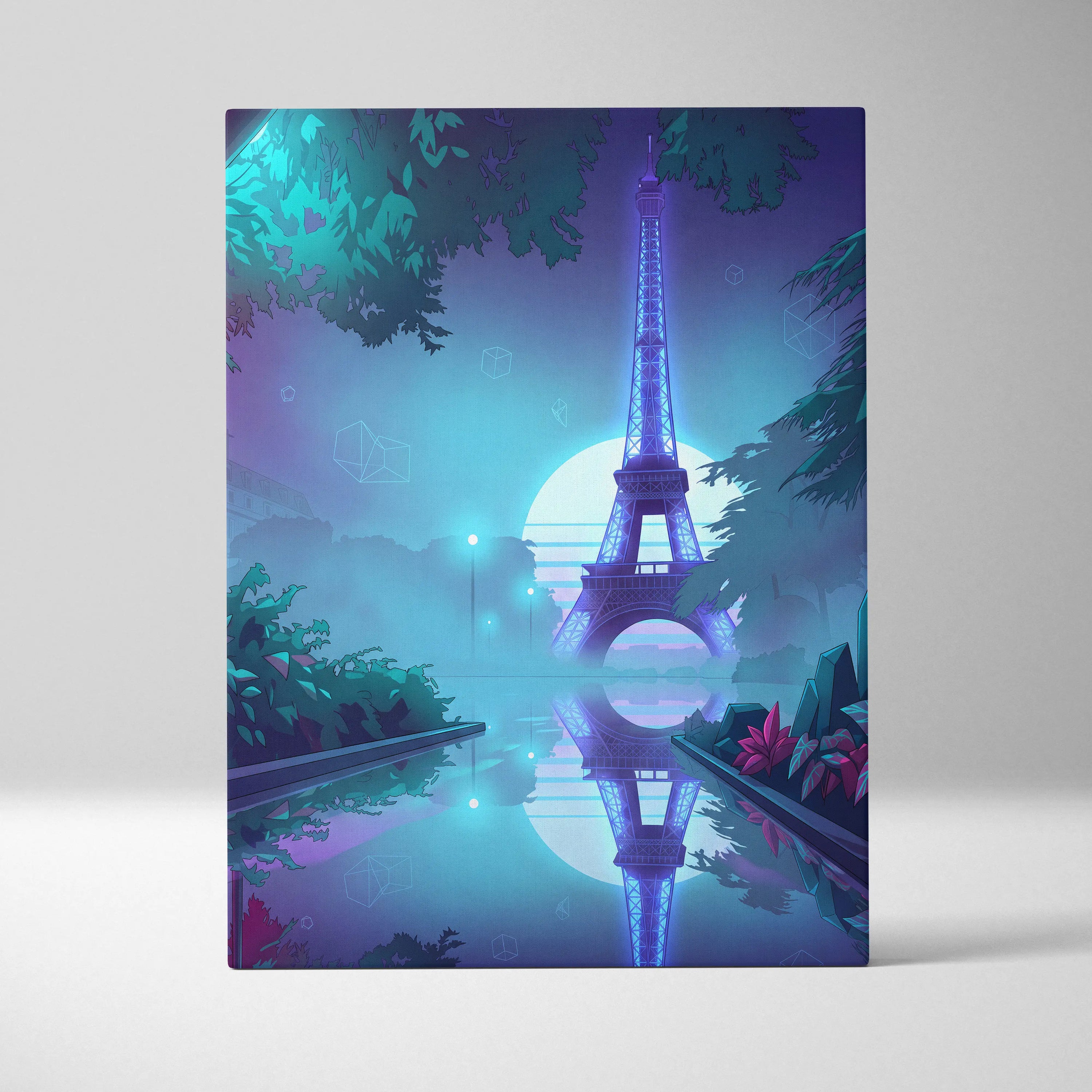 Neon Paris Vaporwave Canvas - Eiffel Tower Purple Teal Living Room Vaporwave Dreamy Retro Futurism Neon City Art Canvas