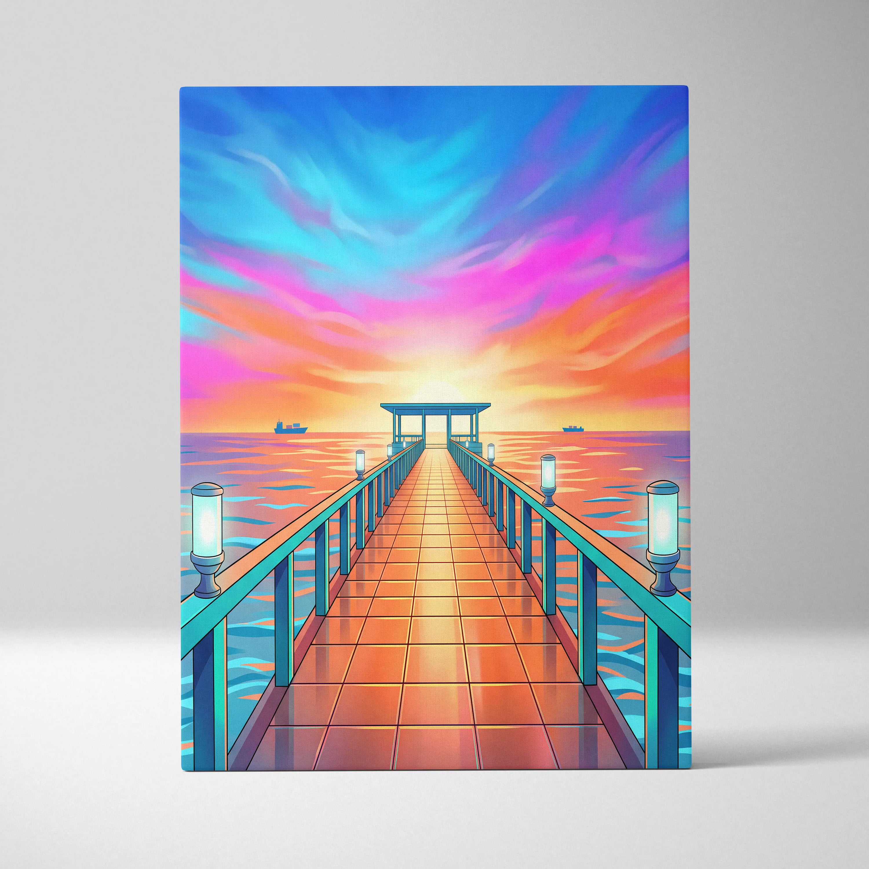 Neon Sunset Vaporwave Canvas - Seaside Pier Neon Blues Sunset Living Room Vaporwave Dreamy Vaporwave Wall Art Canvas