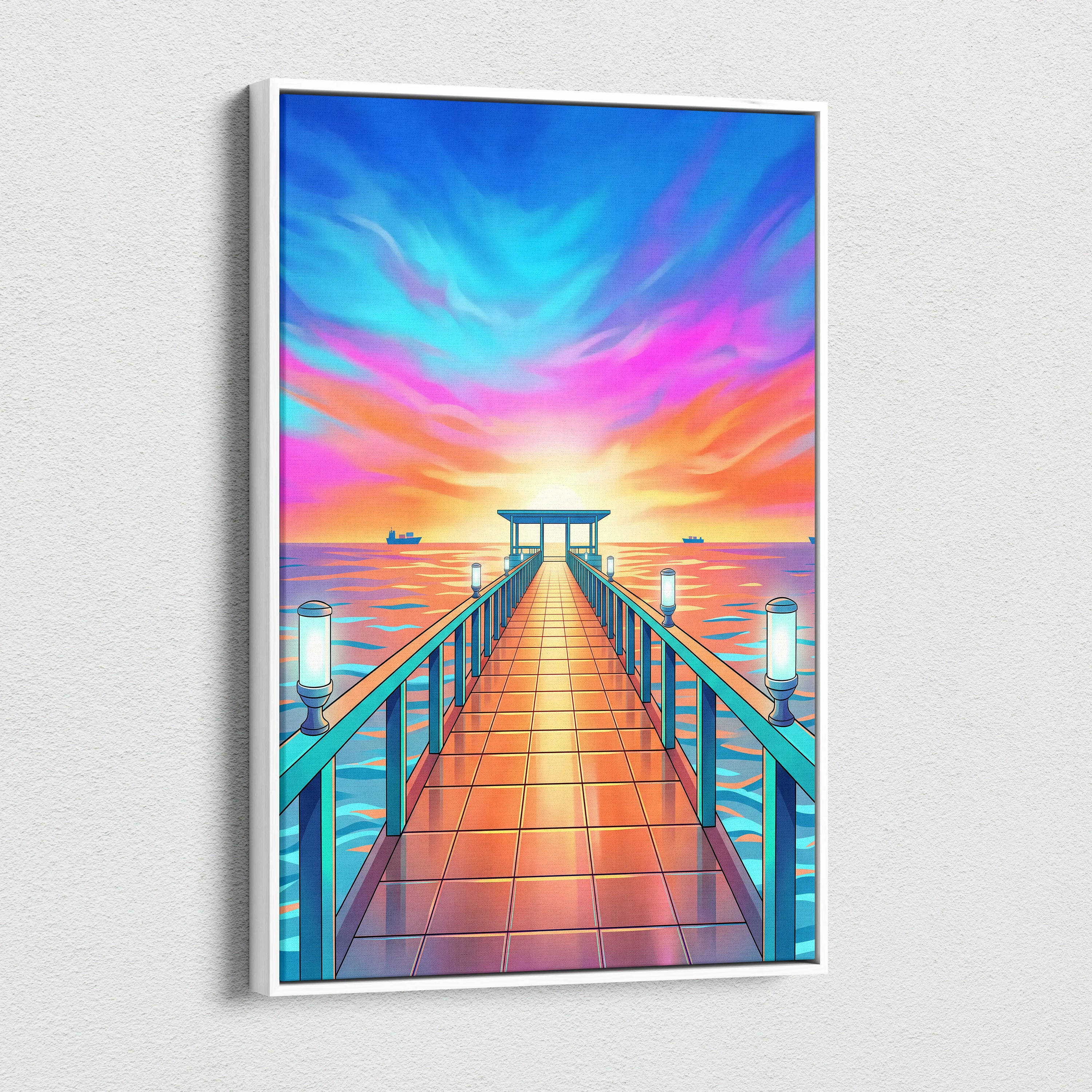 Neon Sunset Vaporwave Canvas - Seaside Pier Neon Blues Sunset Living Room Vaporwave Dreamy Vaporwave Wall Art Canvas