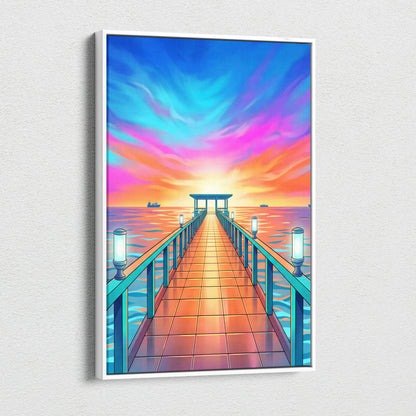 Neon Sunset Vaporwave Canvas - Seaside Pier Neon Blues Sunset Living Room Vaporwave Dreamy Vaporwave Wall Art Canvas