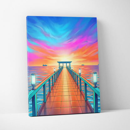 Neon Sunset Vaporwave Canvas - Seaside Pier Neon Blues Sunset Living Room Vaporwave Dreamy Vaporwave Wall Art Canvas