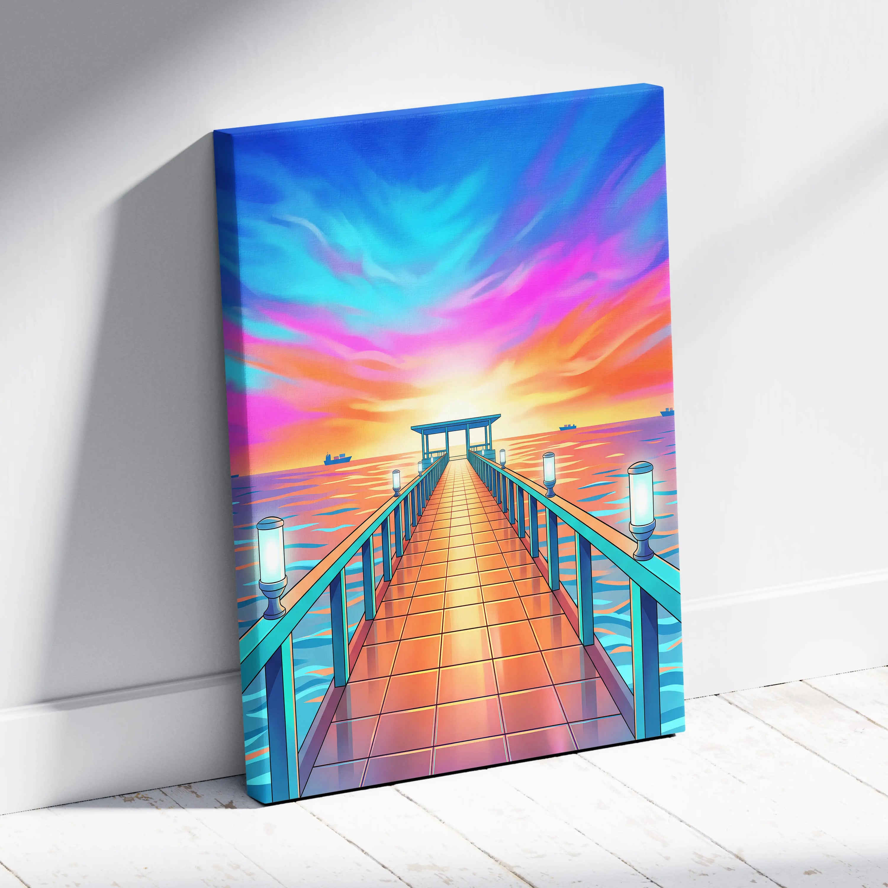 Neon Sunset Vaporwave Canvas - Seaside Pier Neon Blues Sunset Living Room Vaporwave Dreamy Vaporwave Wall Art Canvas
