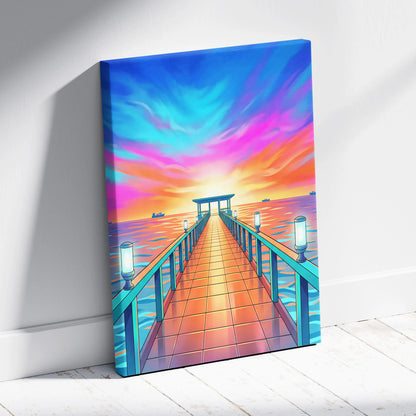 Neon Sunset Vaporwave Canvas - Seaside Pier Neon Blues Sunset Living Room Vaporwave Dreamy Vaporwave Wall Art Canvas