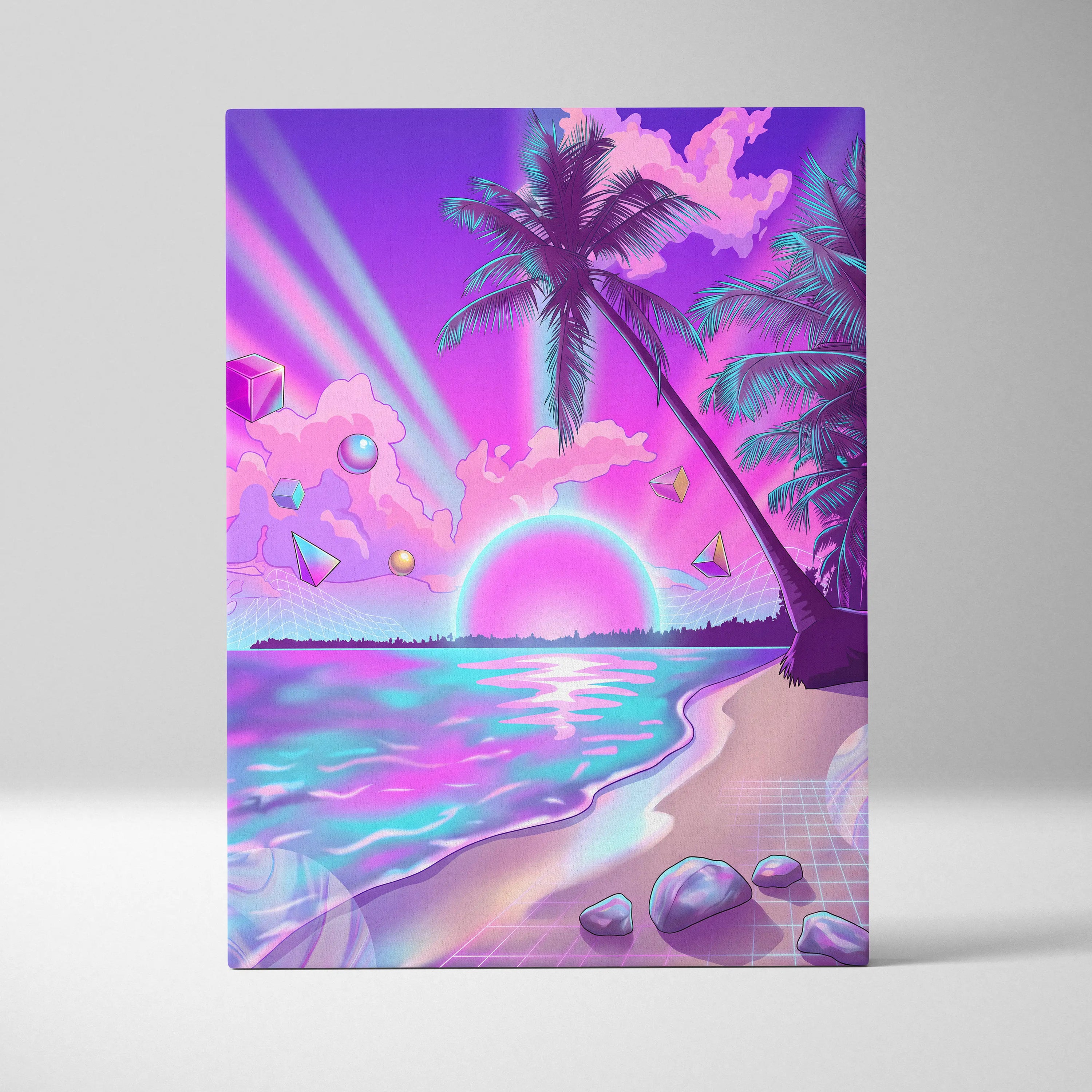 Neon Palm Vaporwave Canvas - Vaporwave Landscape Neon Pink Blue Living Room Decor Dreamy Mood Neon Aesthetic Canvas