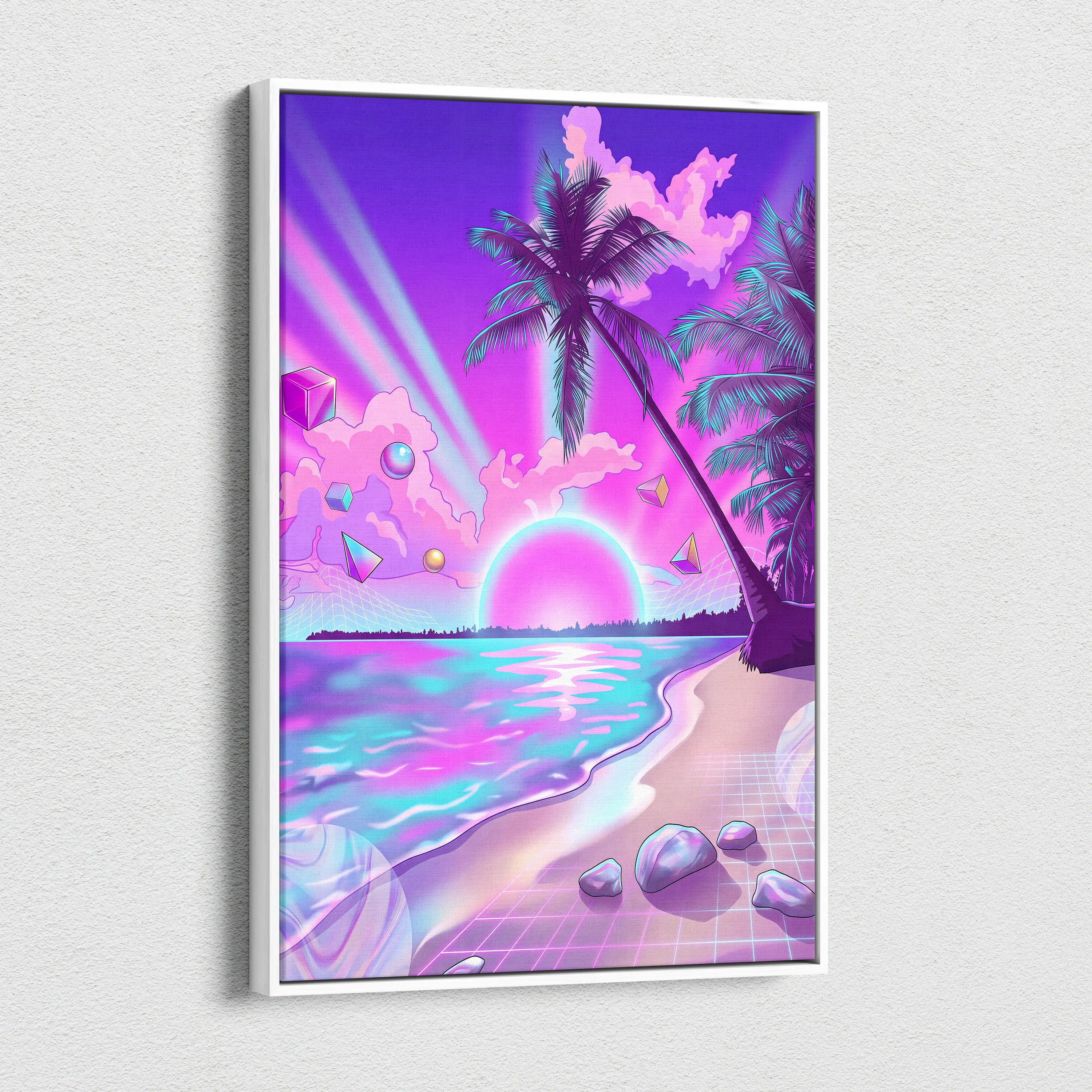 Neon Palm Vaporwave Canvas - Vaporwave Landscape Neon Pink Blue Living Room Decor Dreamy Mood Neon Aesthetic Canvas