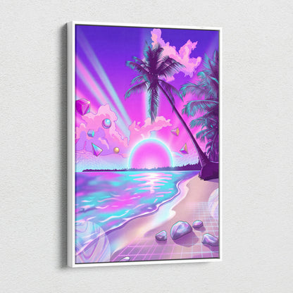 Neon Palm Vaporwave Canvas - Vaporwave Landscape Neon Pink Blue Living Room Decor Dreamy Mood Neon Aesthetic Canvas