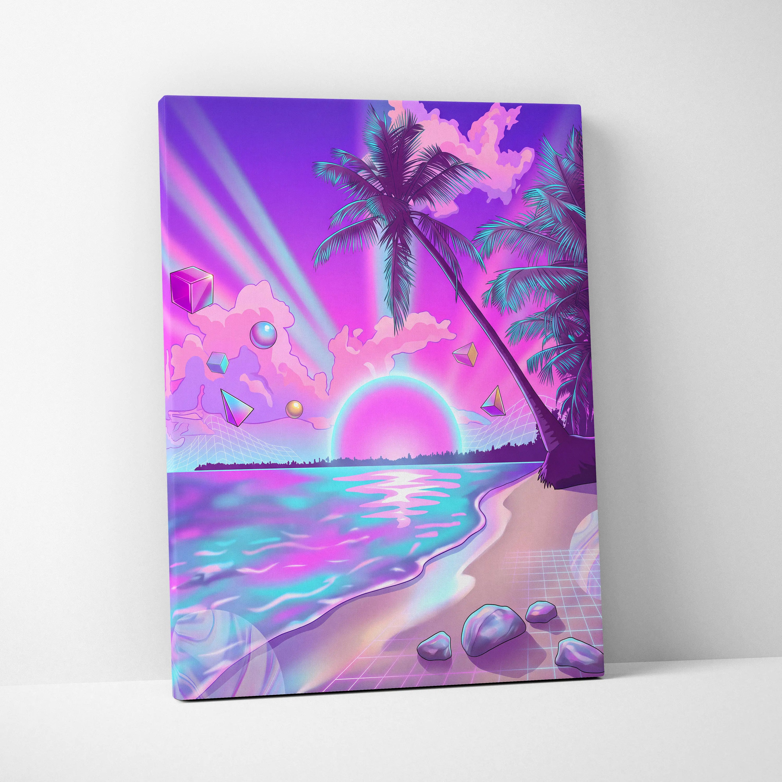 Neon Palm Vaporwave Canvas - Vaporwave Landscape Neon Pink Blue Living Room Decor Dreamy Mood Neon Aesthetic Canvas