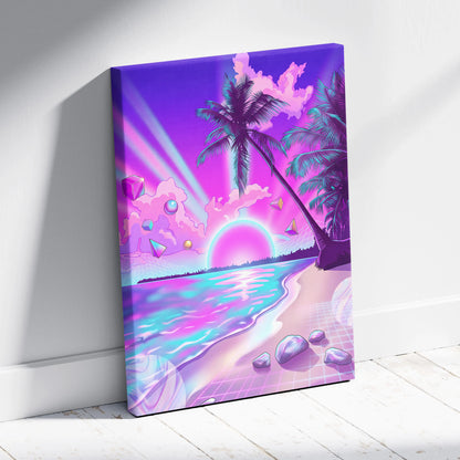 Neon Palm Vaporwave Canvas - Vaporwave Landscape Neon Pink Blue Living Room Decor Dreamy Mood Neon Aesthetic Canvas