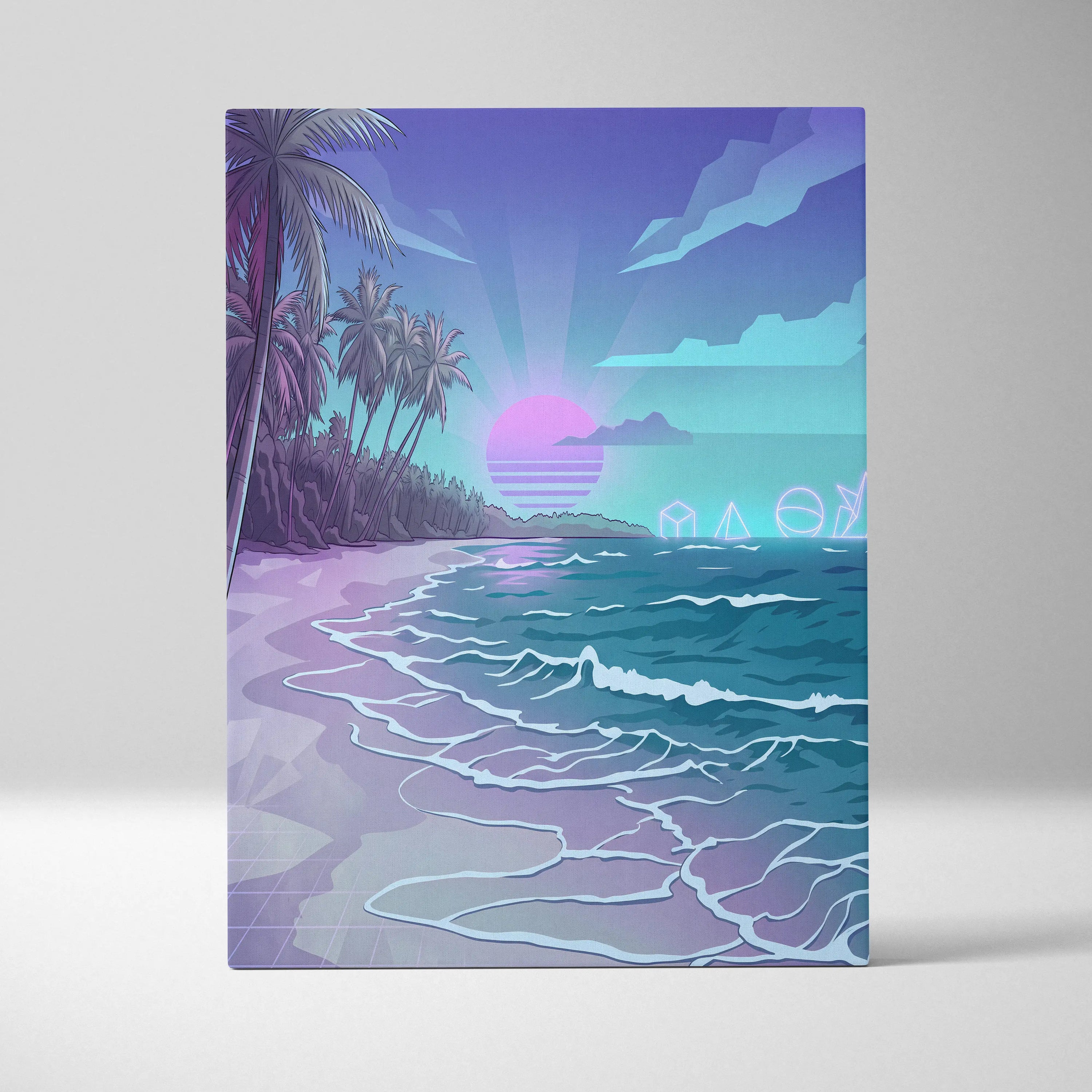 Neon Palm Vaporwave Canvas Sunset - Palm Trees Sunset Purple Pink Blue Living Room Vaporwave Dreamy Neon Retro Canvas