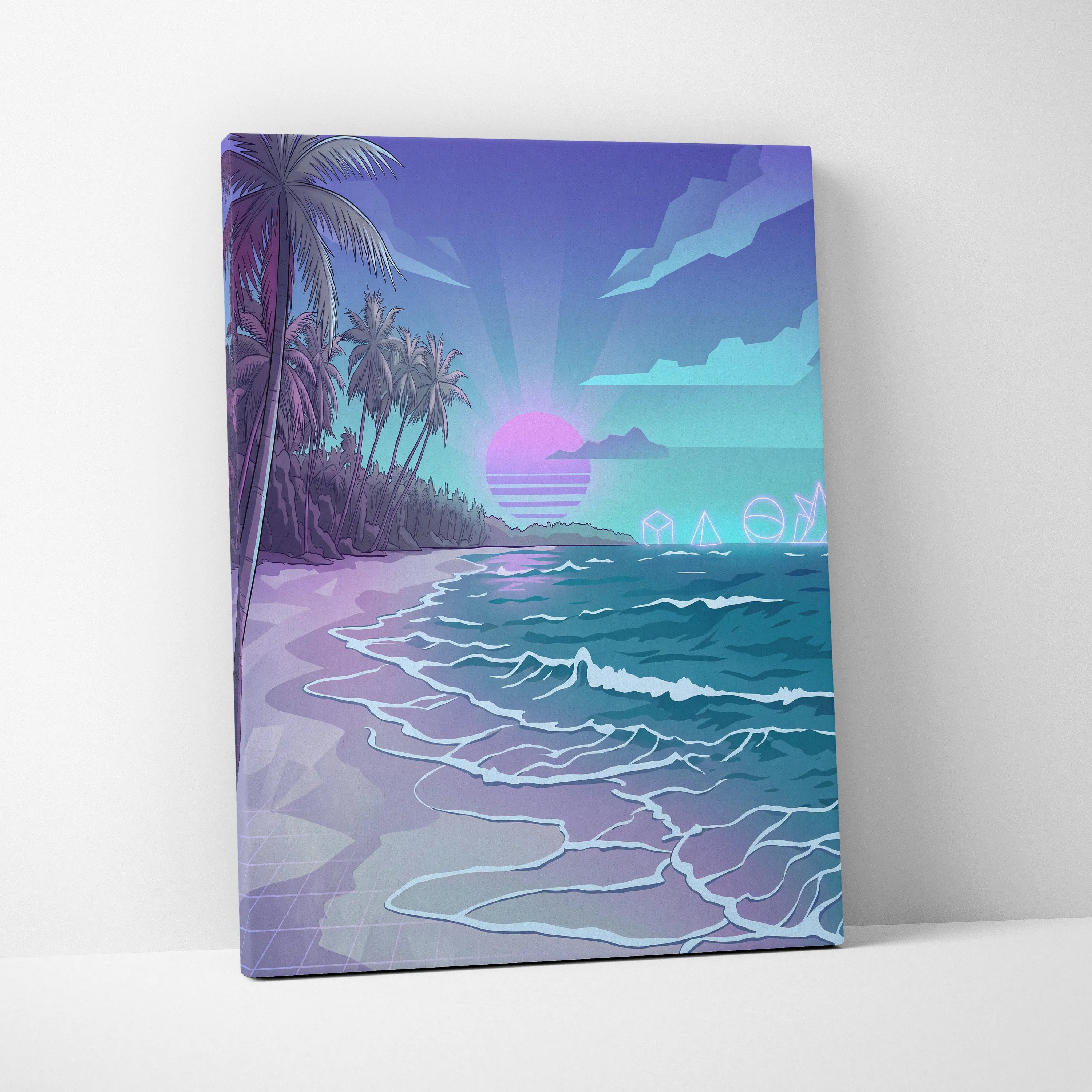 Neon Palm Vaporwave Canvas Sunset - Palm Trees Sunset Purple Pink Blue Living Room Vaporwave Dreamy Neon Retro Canvas