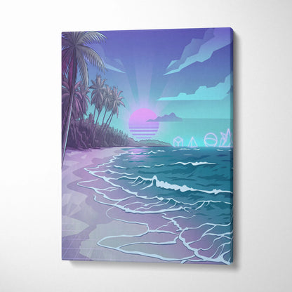 Neon Palm Vaporwave Canvas Sunset - Palm Trees Sunset Purple Pink Blue Living Room Vaporwave Dreamy Neon Retro Canvas