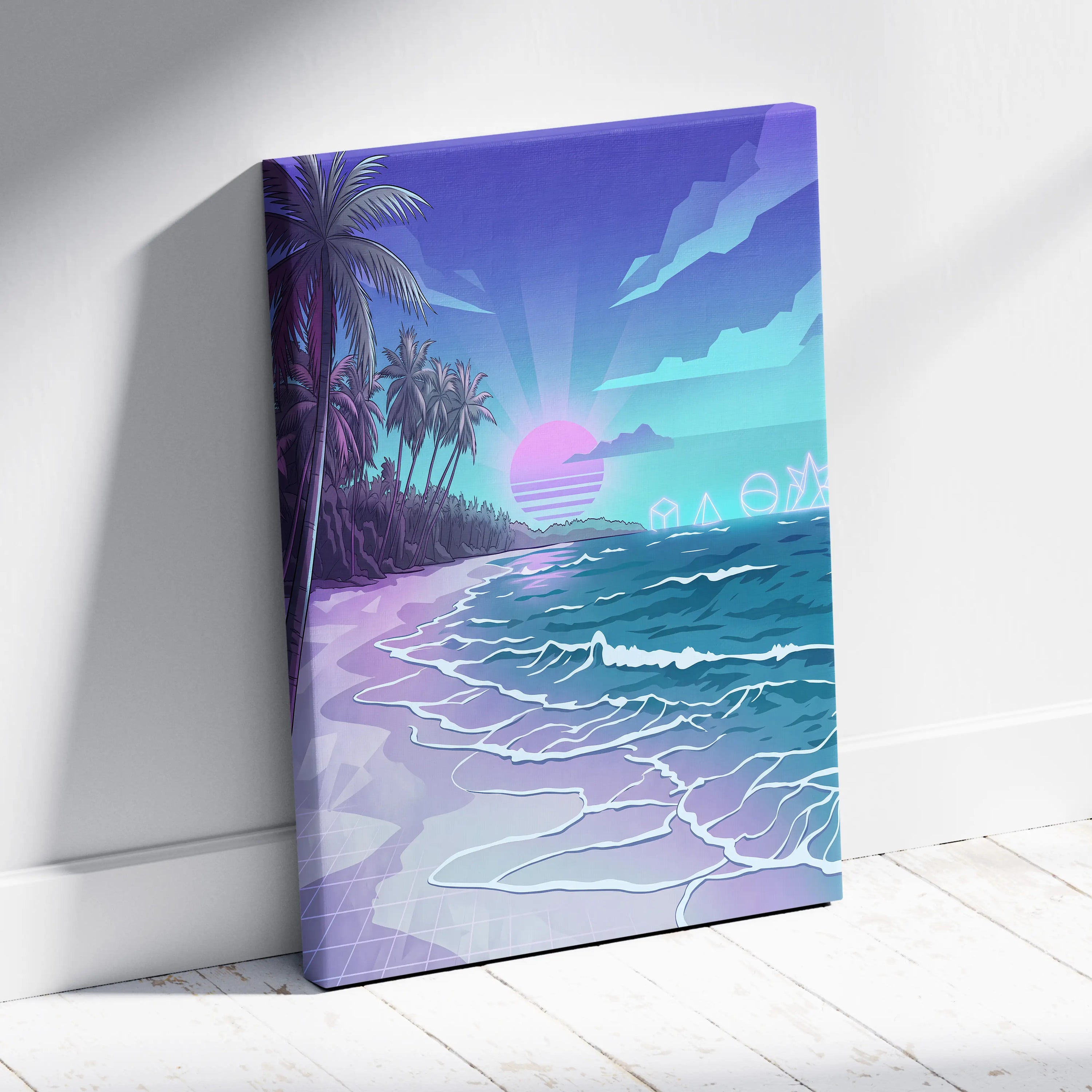 Neon Palm Vaporwave Canvas Sunset - Palm Trees Sunset Purple Pink Blue Living Room Vaporwave Dreamy Neon Retro Canvas