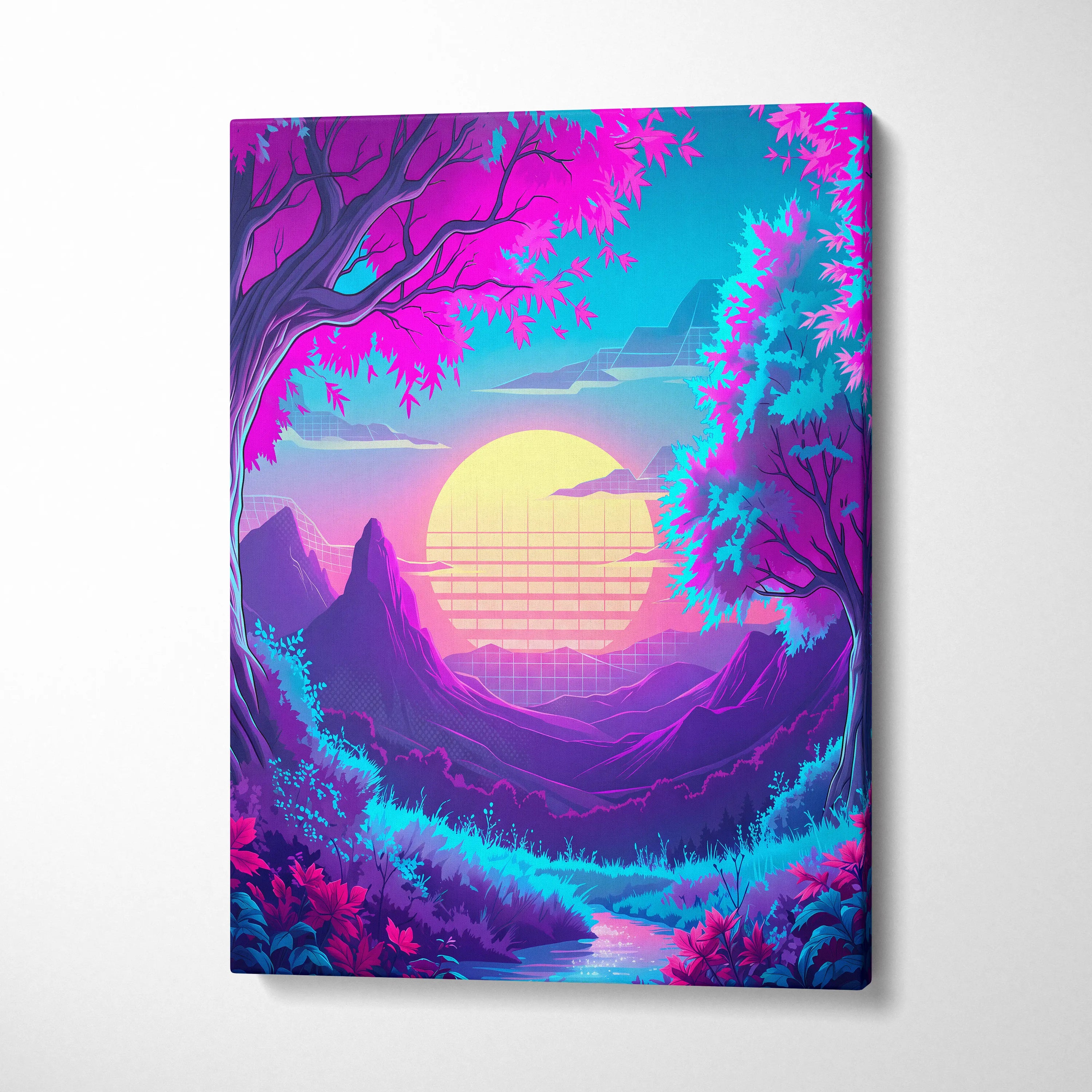 Neon Vaporwave Sunset Canvas - Vaporwave Landscape Neon Pink Living Room Synthwave Dreamy Neon Mood, Retro Futurism