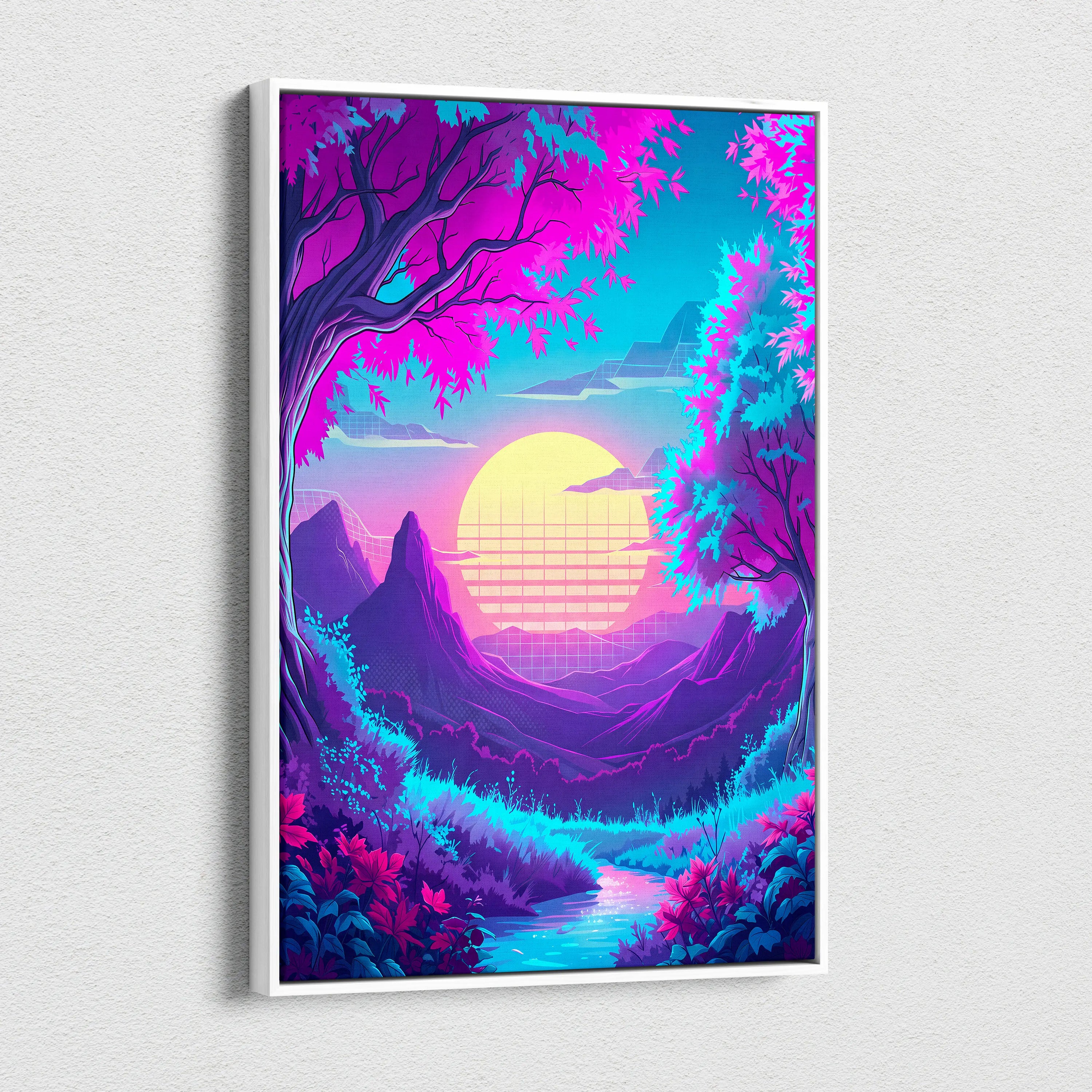 Neon Vaporwave Sunset Canvas - Vaporwave Landscape Neon Pink Living Room Synthwave Dreamy Neon Mood, Retro Futurism